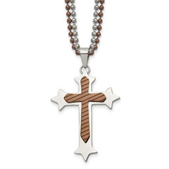 Chisel Stainless Steel Polished Brown IP-plated Cross Pendant on 24 inch Double Ball Chain Necklace