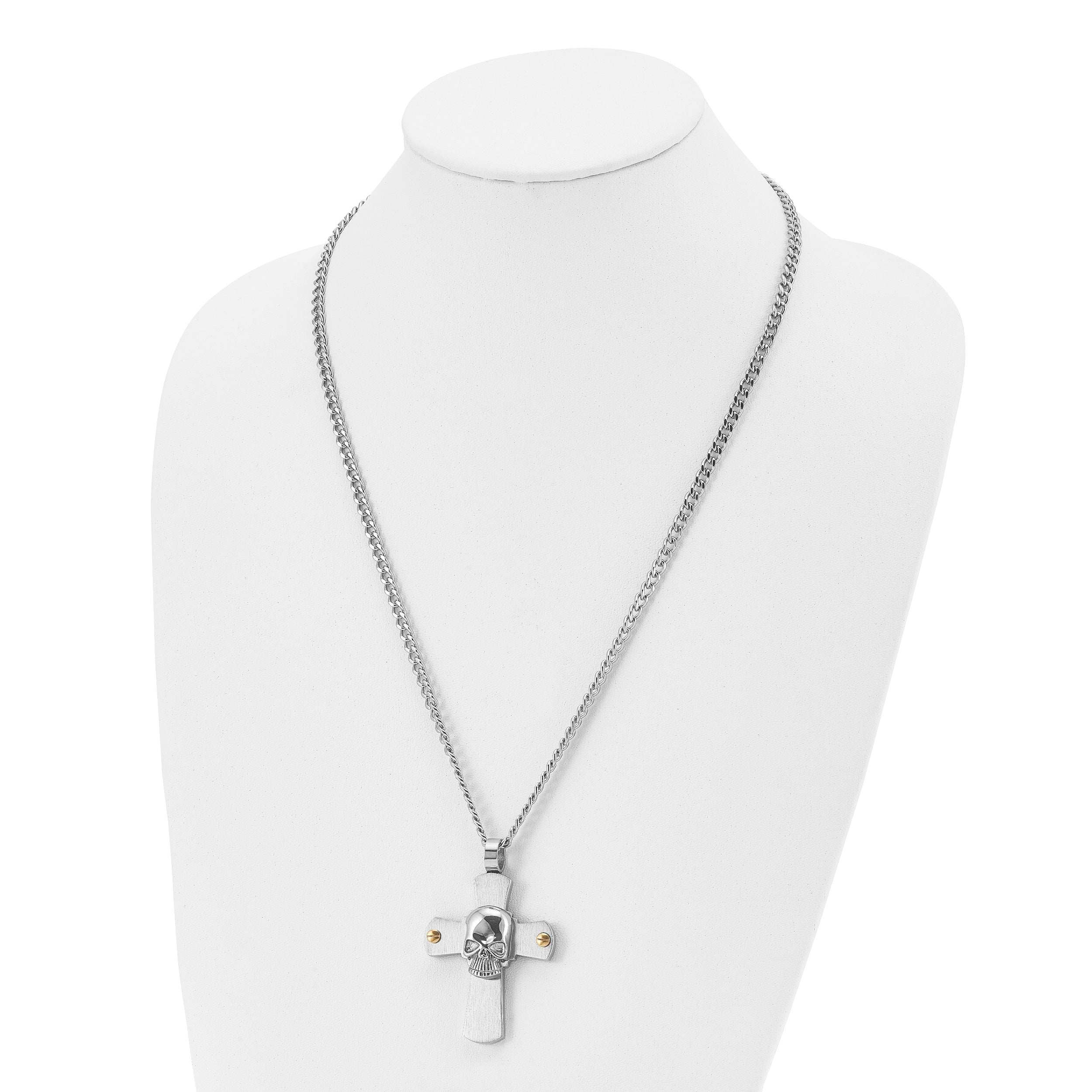 Chisel Stainless Steel Brushed and Polished Yellow IP-plated Cross with Skull Pendant on a 24 inch Curb Chain Necklace