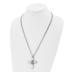 Chisel Stainless Steel Brushed and Polished Yellow IP-plated Cross with Skull Pendant on a 24 inch Curb Chain Necklace