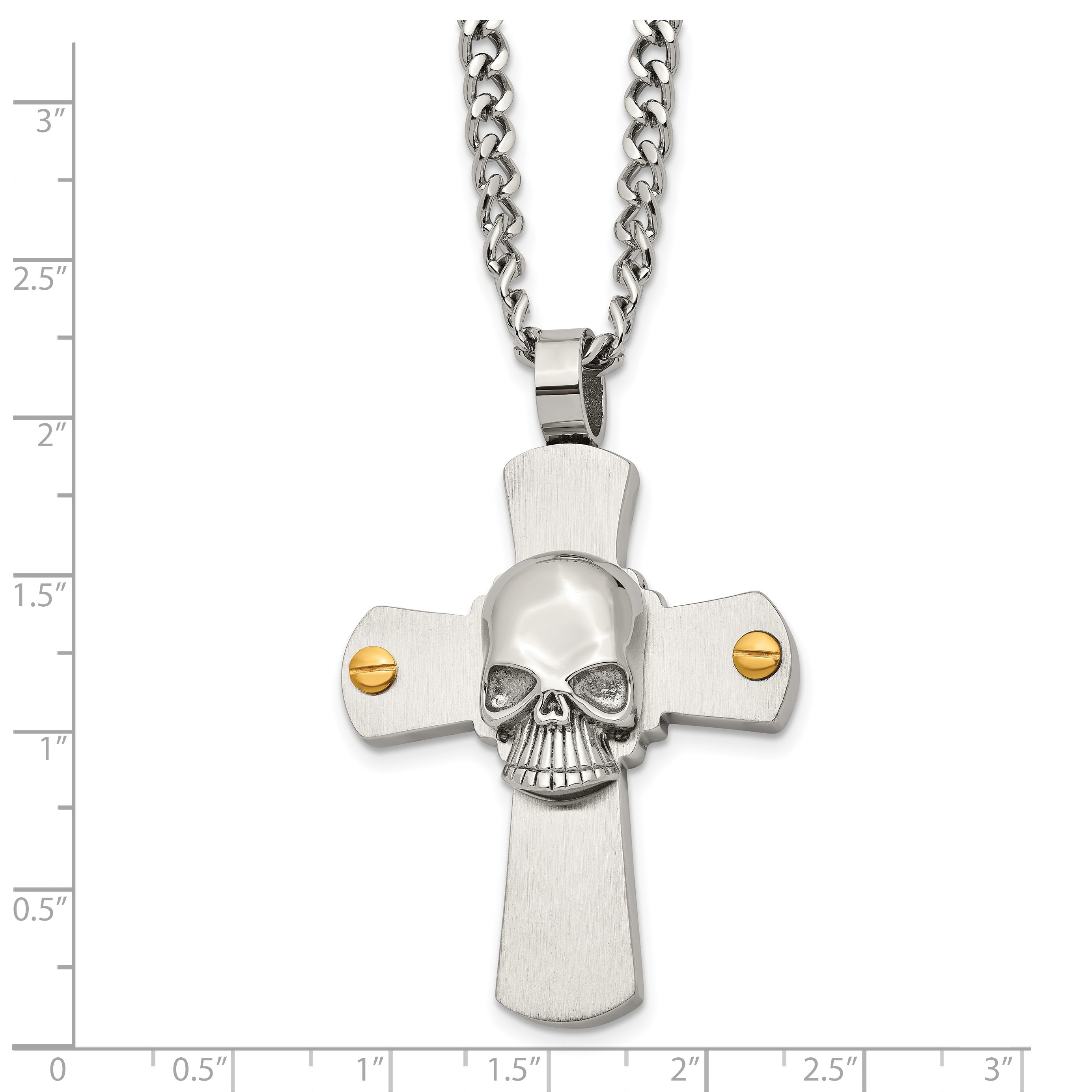 Chisel Stainless Steel Brushed and Polished Yellow IP-plated Cross with Skull Pendant on a 24 inch Curb Chain Necklace