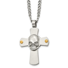 Chisel Stainless Steel Brushed and Polished Yellow IP-plated Cross with Skull Pendant on a 24 inch Curb Chain Necklace