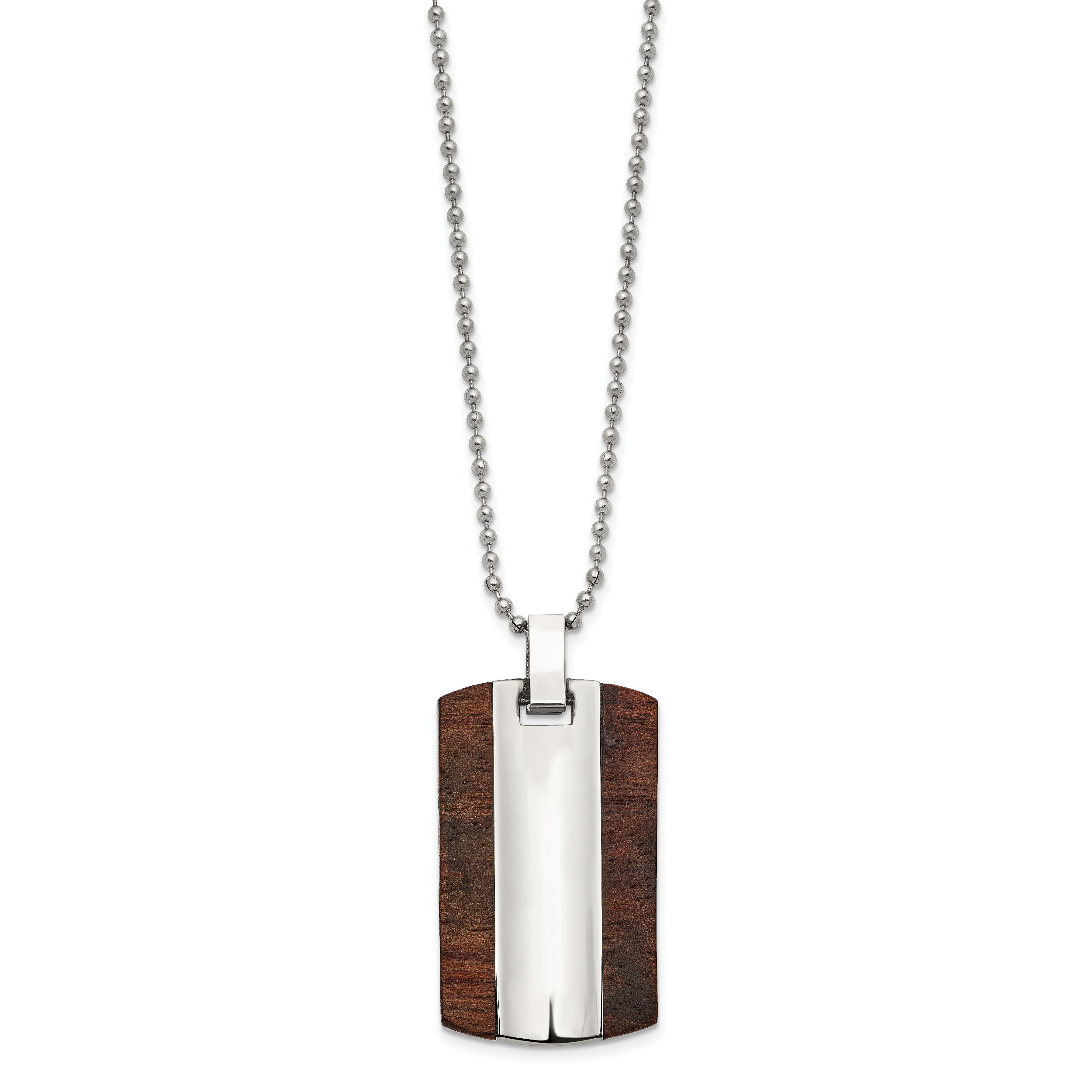 Stainless Steel Polished with Wood Dog Tag 24in Necklace