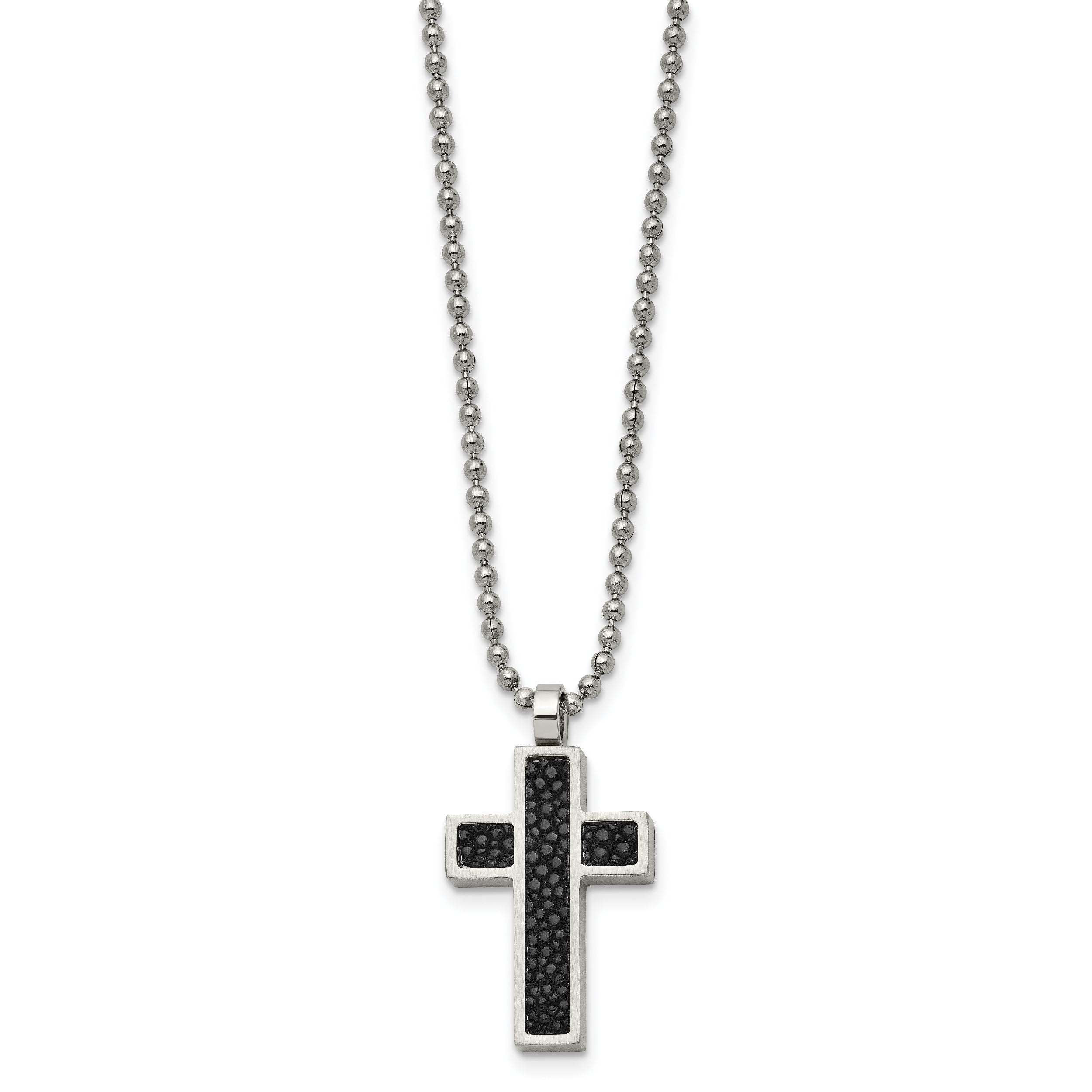 Chisel Stainless Steel Brushed Black Genuine Stingray Inlay Cross Pendant on a 24 inch Ball Chain Necklace