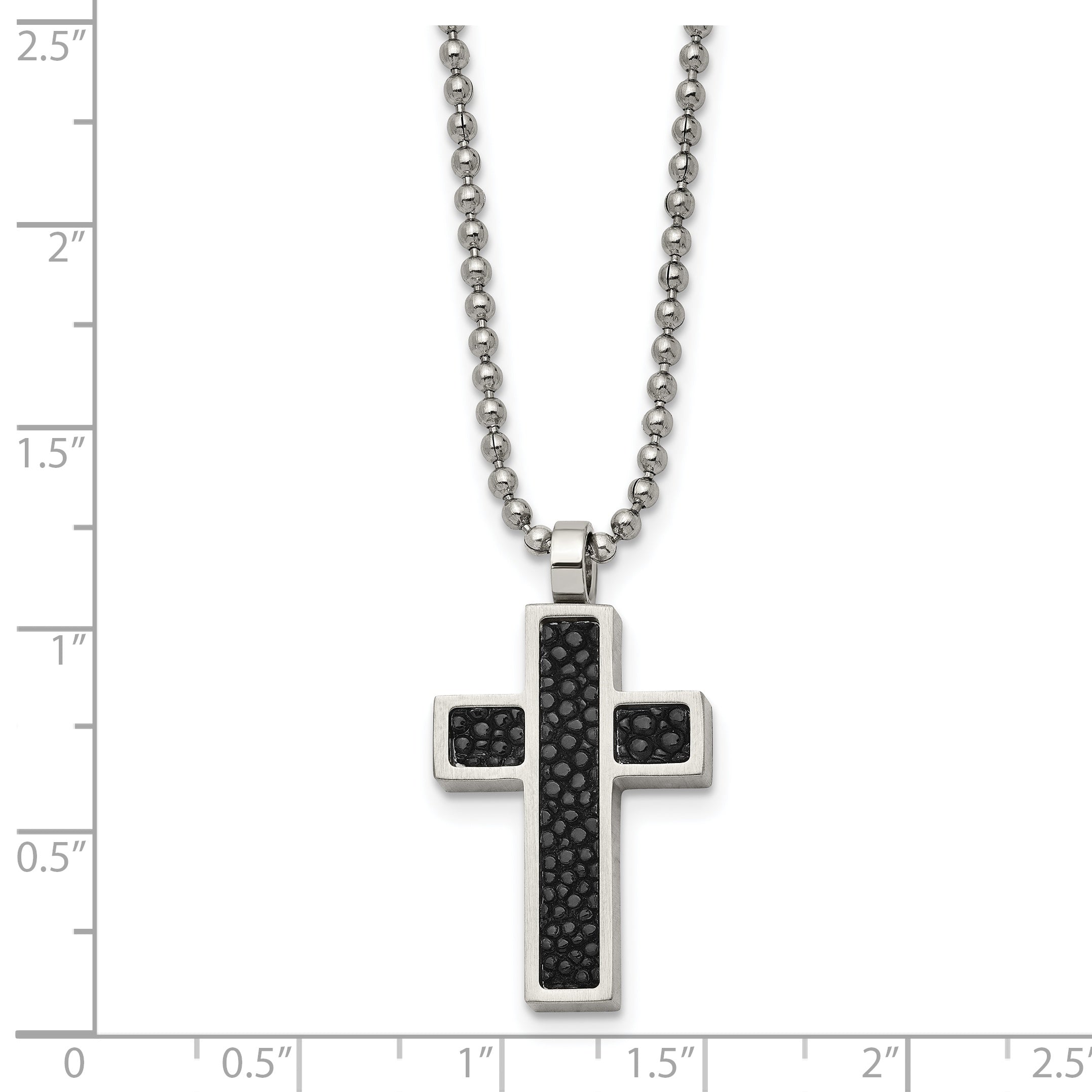 Chisel Stainless Steel Brushed Black Genuine Stingray Inlay Cross Pendant on a 24 inch Ball Chain Necklace