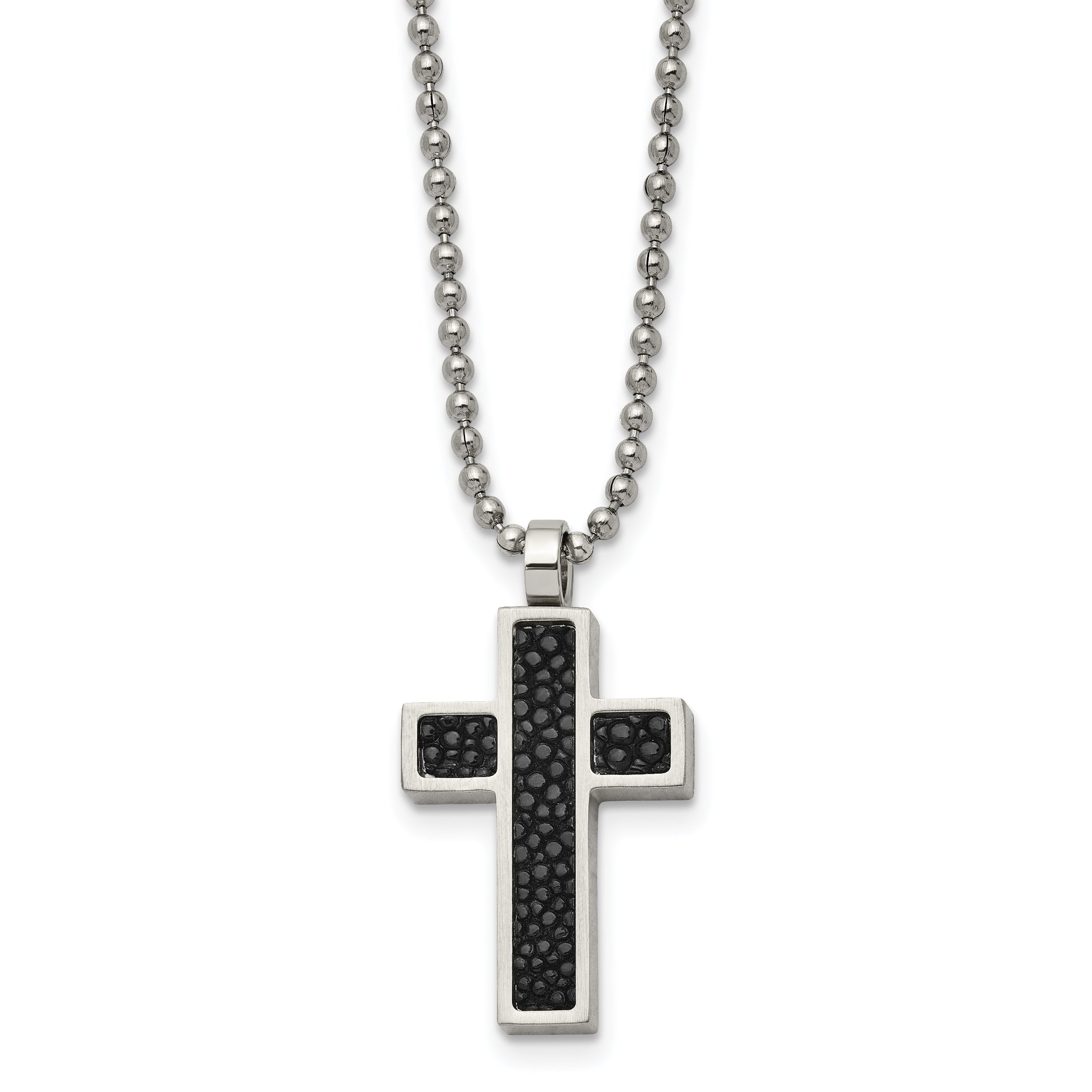 Chisel Stainless Steel Brushed Black Genuine Stingray Inlay Cross Pendant on a 24 inch Ball Chain Necklace