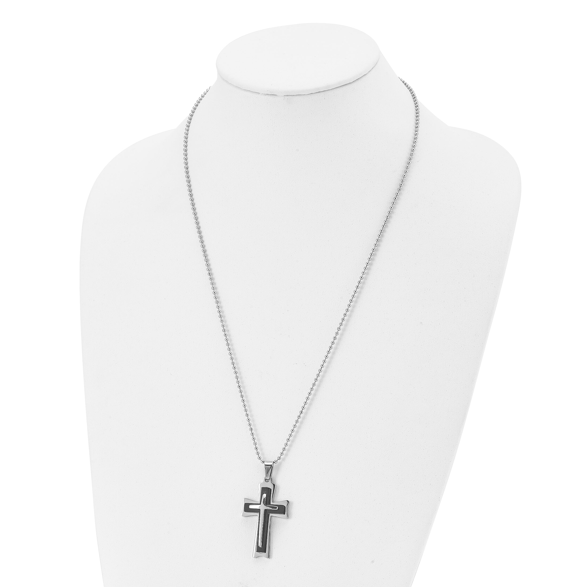 Chisel Stainless Steel Polished with Black Acrylic Cross Pendant on a 24 inch Ball Chain Necklace