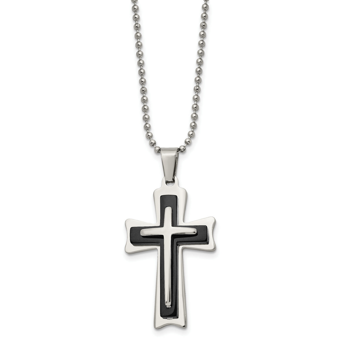 Chisel Stainless Steel Polished with Black Acrylic Cross Pendant on a 24 inch Ball Chain Necklace