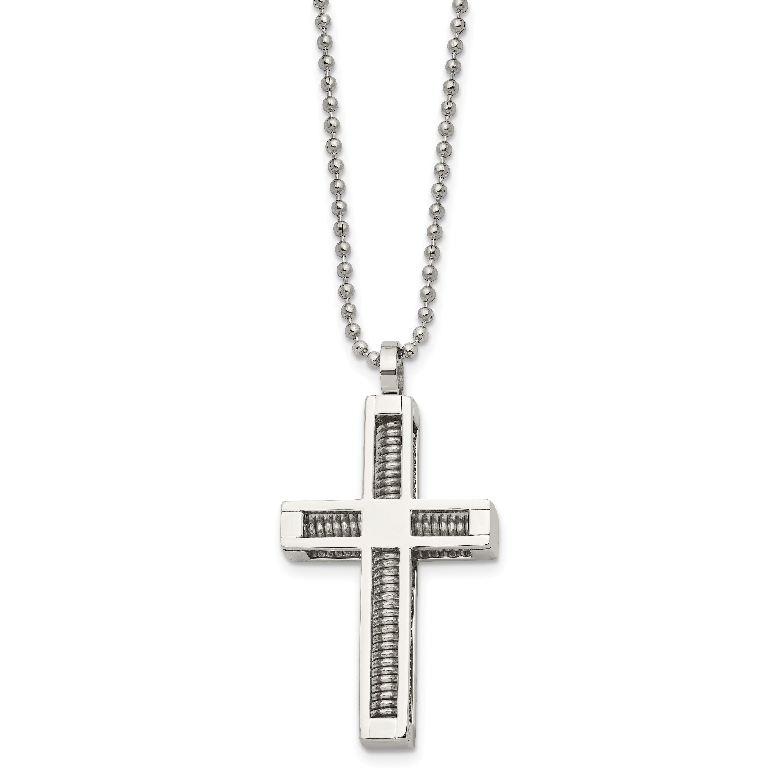 Chisel Stainless Steel Polished Cross Pendant on a 24 inch Ball Chain Necklace