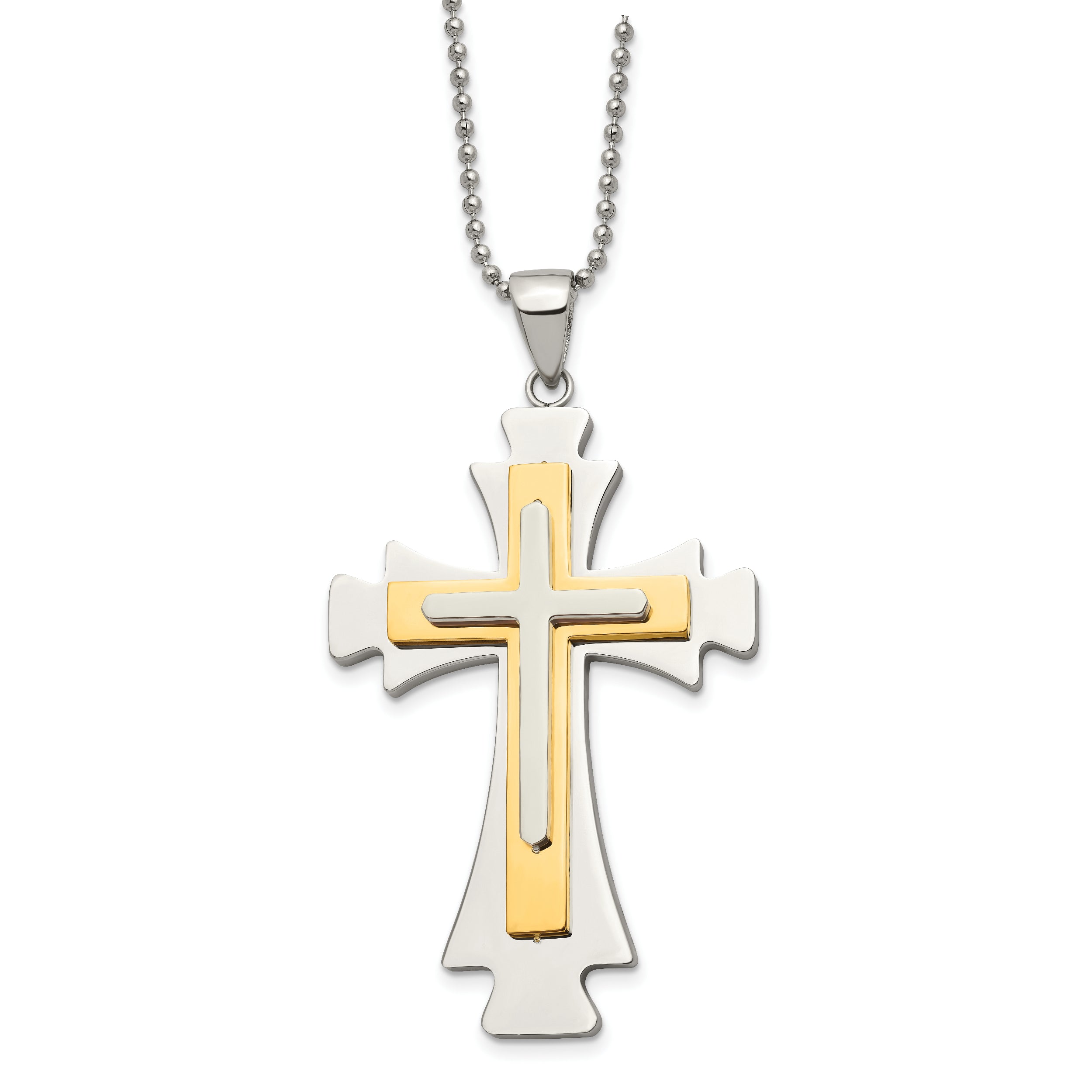 Chisel Stainless Steel Polished Yellow IP-plated Cross Pendant on a 22 inch Ball Chain Necklace