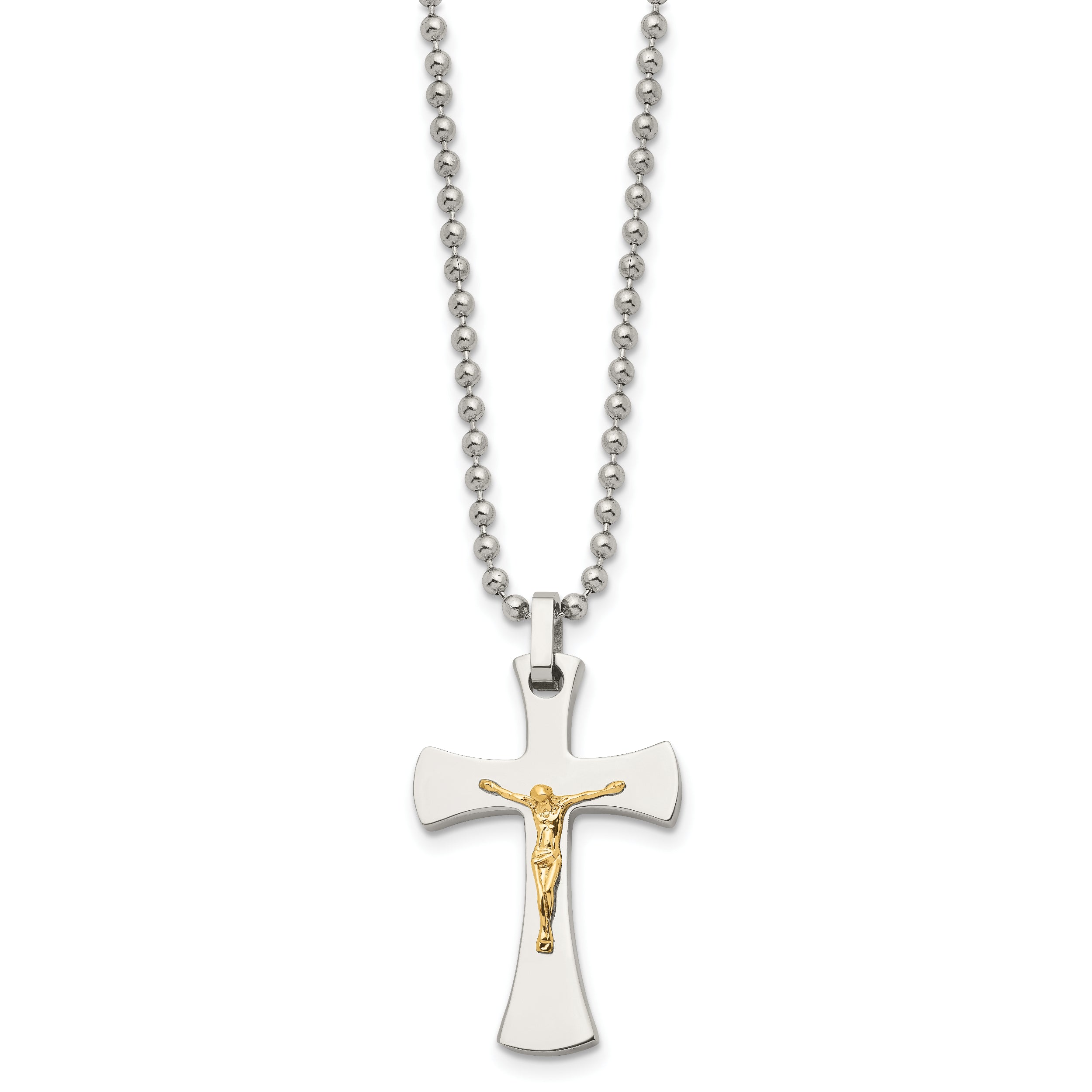 Chisel Stainless Steel Polished with 14k Gold Accent Crucifix Pendant on a 22 inch Ball Chain Necklace