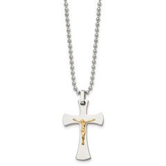 Chisel Stainless Steel Polished with 14k Gold Accent Crucifix Pendant on a 22 inch Ball Chain Necklace