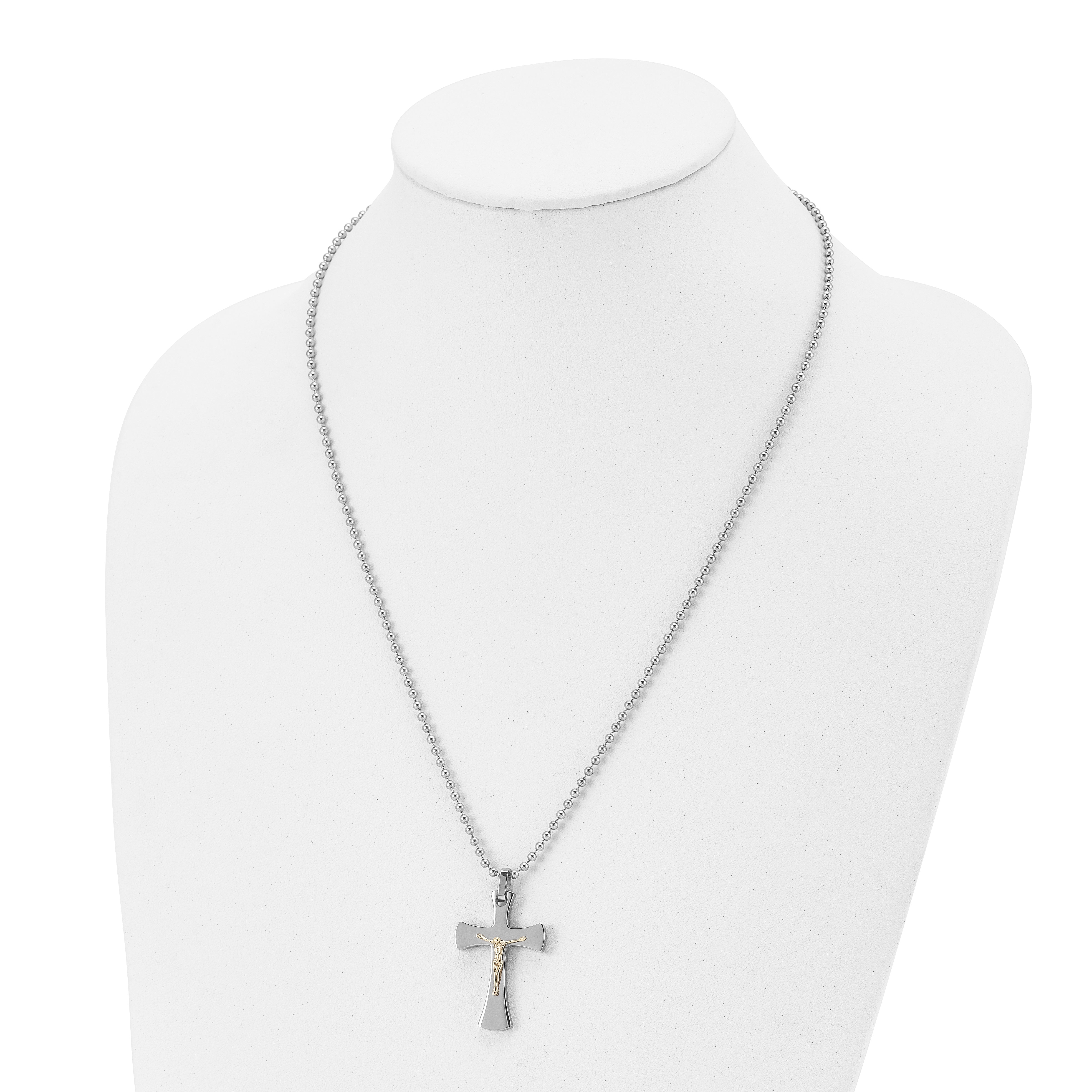 Chisel Stainless Steel Polished with 14k Gold Accent Crucifix Pendant on a 22 inch Ball Chain Necklace