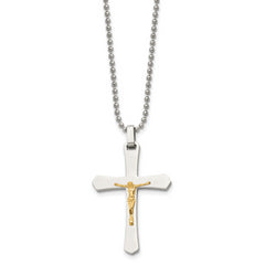 Chisel Stainless Steel Polished with 14k Gold Accent Crucifix Pendant on a 22 inch Ball Chain Necklace