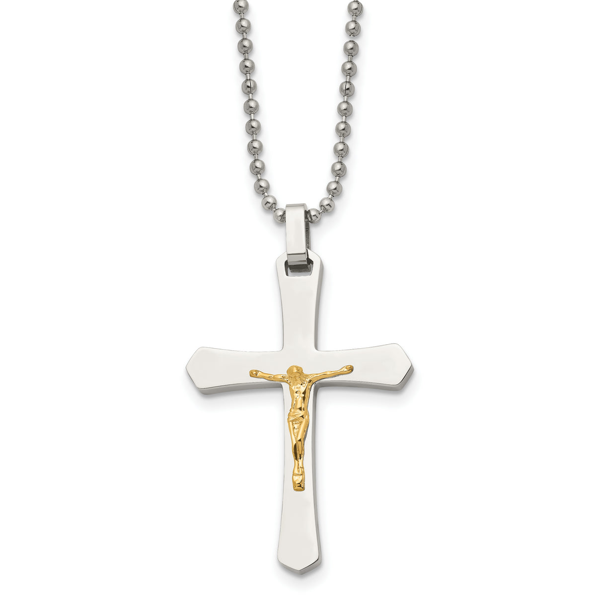 Chisel Stainless Steel Polished with 14k Gold Accent Crucifix Pendant on a 22 inch Ball Chain Necklace