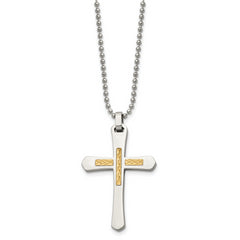 Chisel Stainless Steel Polished with 14k Gold Accent Diamond-cut Cross Pendant on a 22 inch Ball Chain Necklace