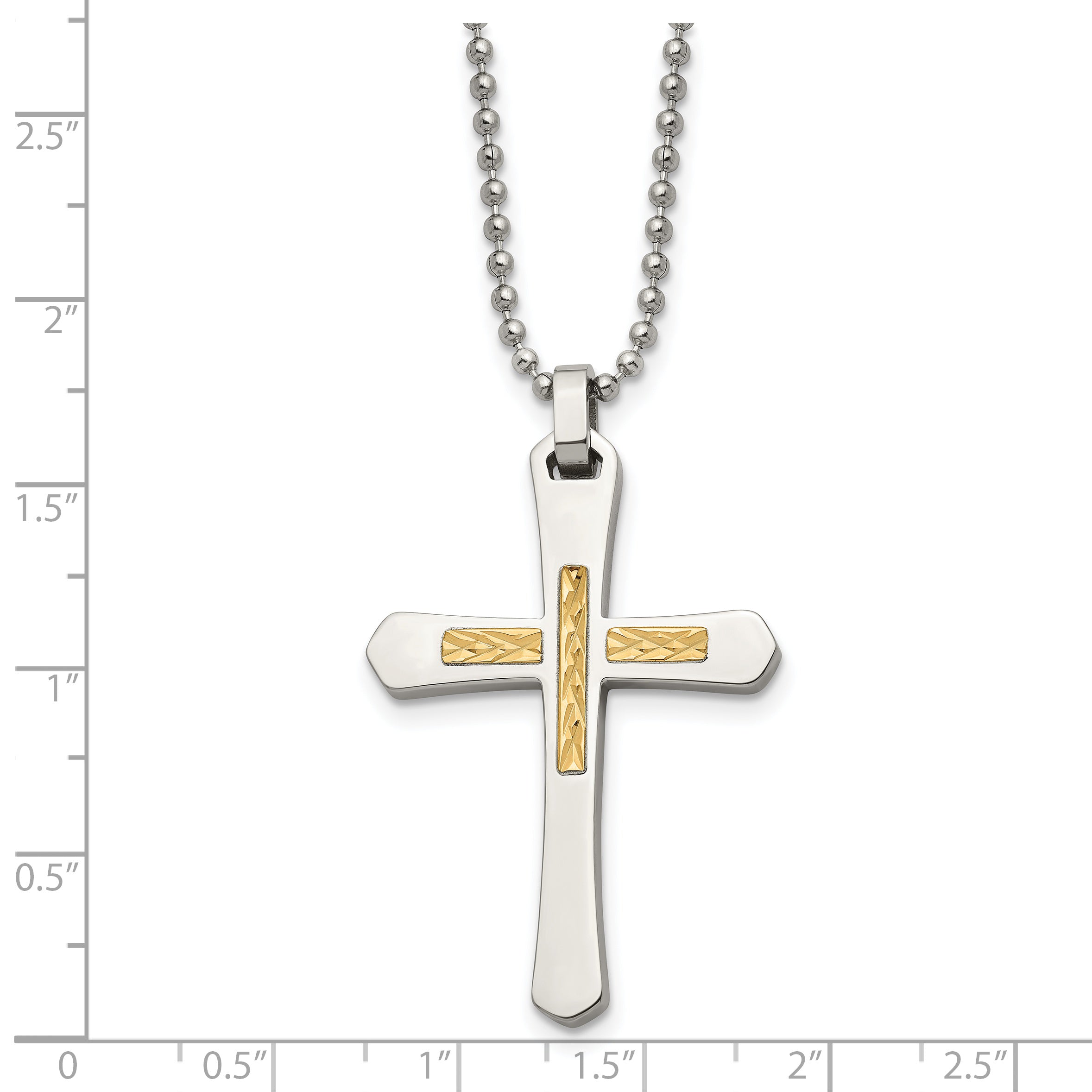 Chisel Stainless Steel Polished with 14k Gold Accent Diamond-cut Cross Pendant on a 22 inch Ball Chain Necklace