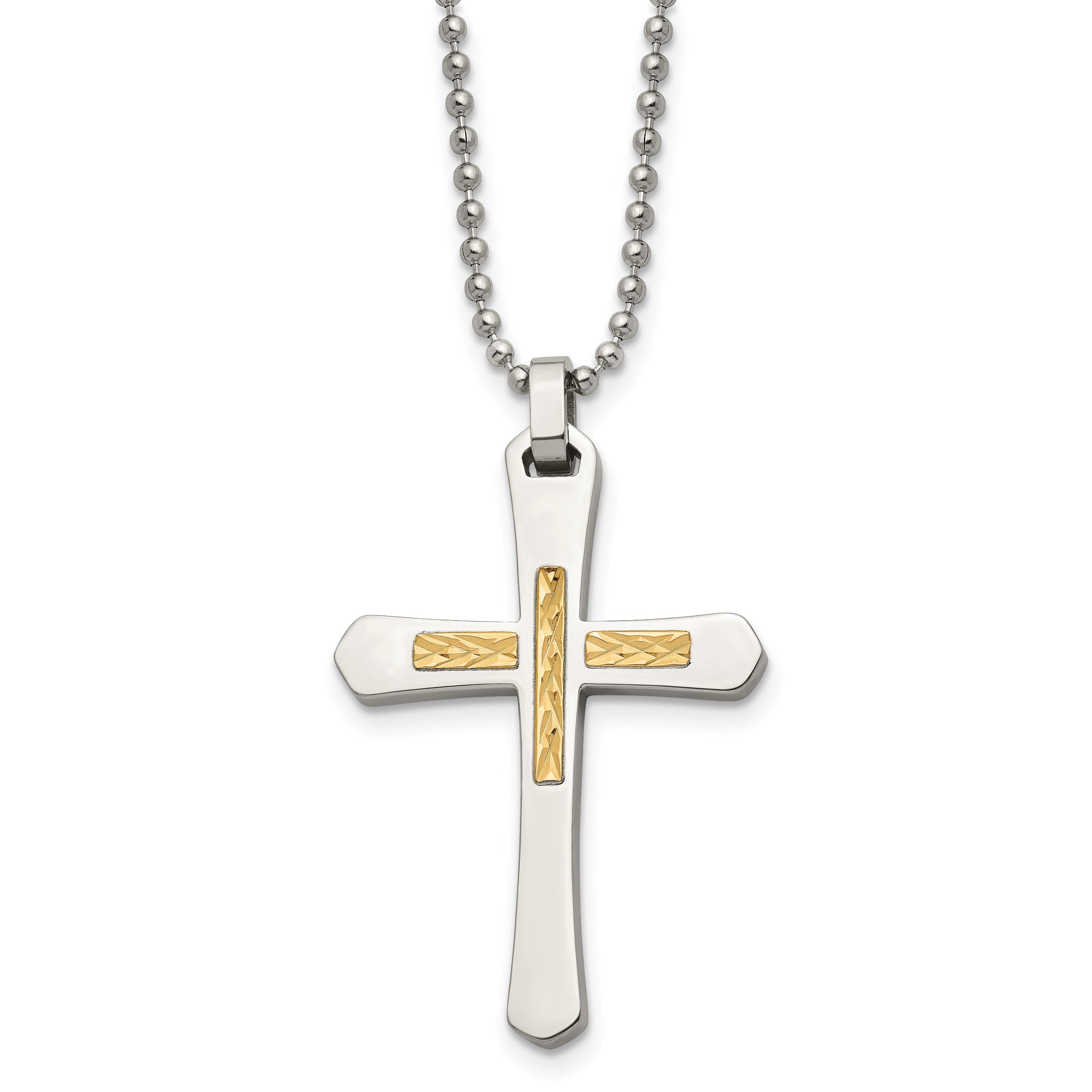 Chisel Stainless Steel Polished with 14k Gold Accent Diamond-cut Cross Pendant on a 22 inch Ball Chain Necklace