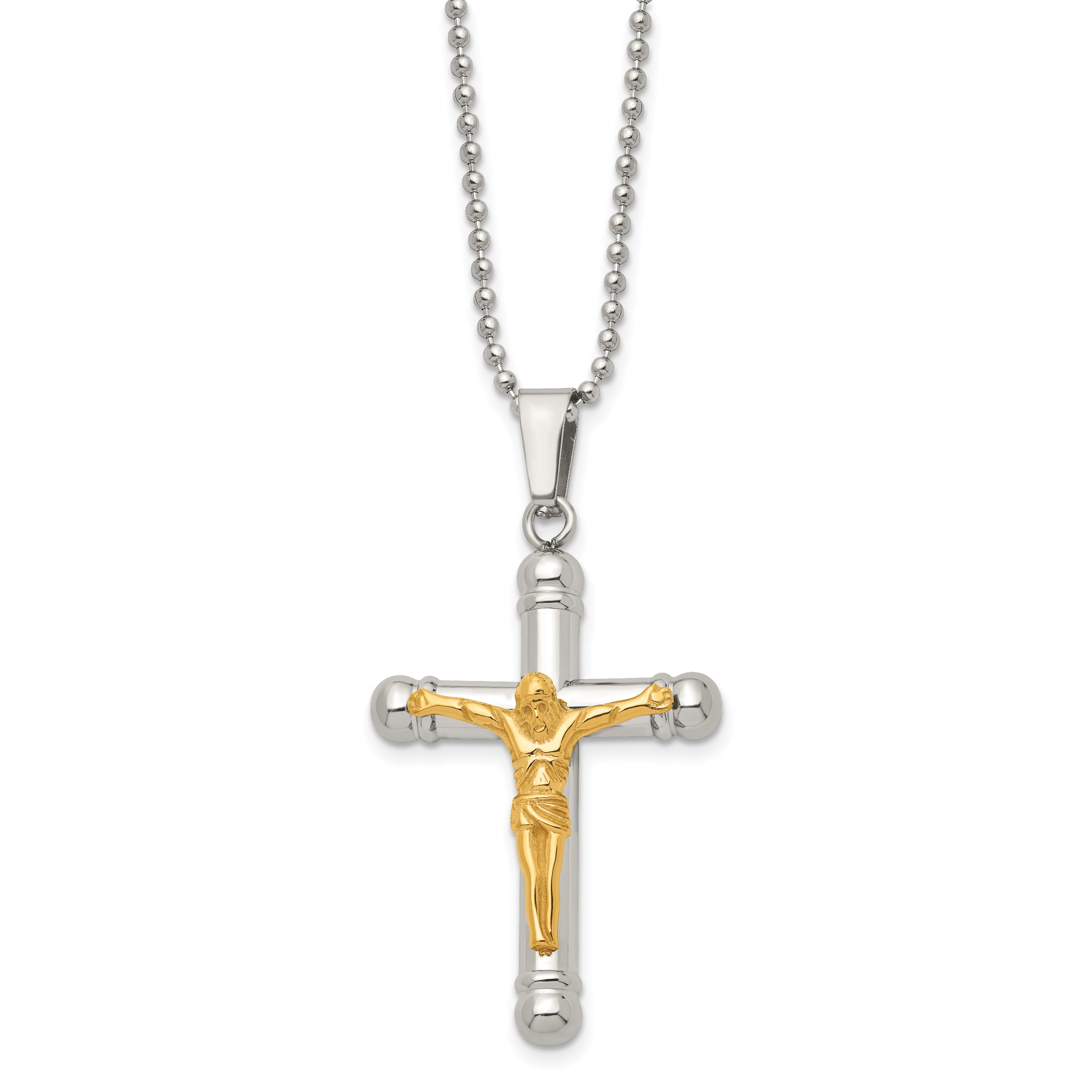 Chisel Stainless Steel Polished Yellow IP-plated Crucifix Pendant on a 22 inch Ball Chain Necklace