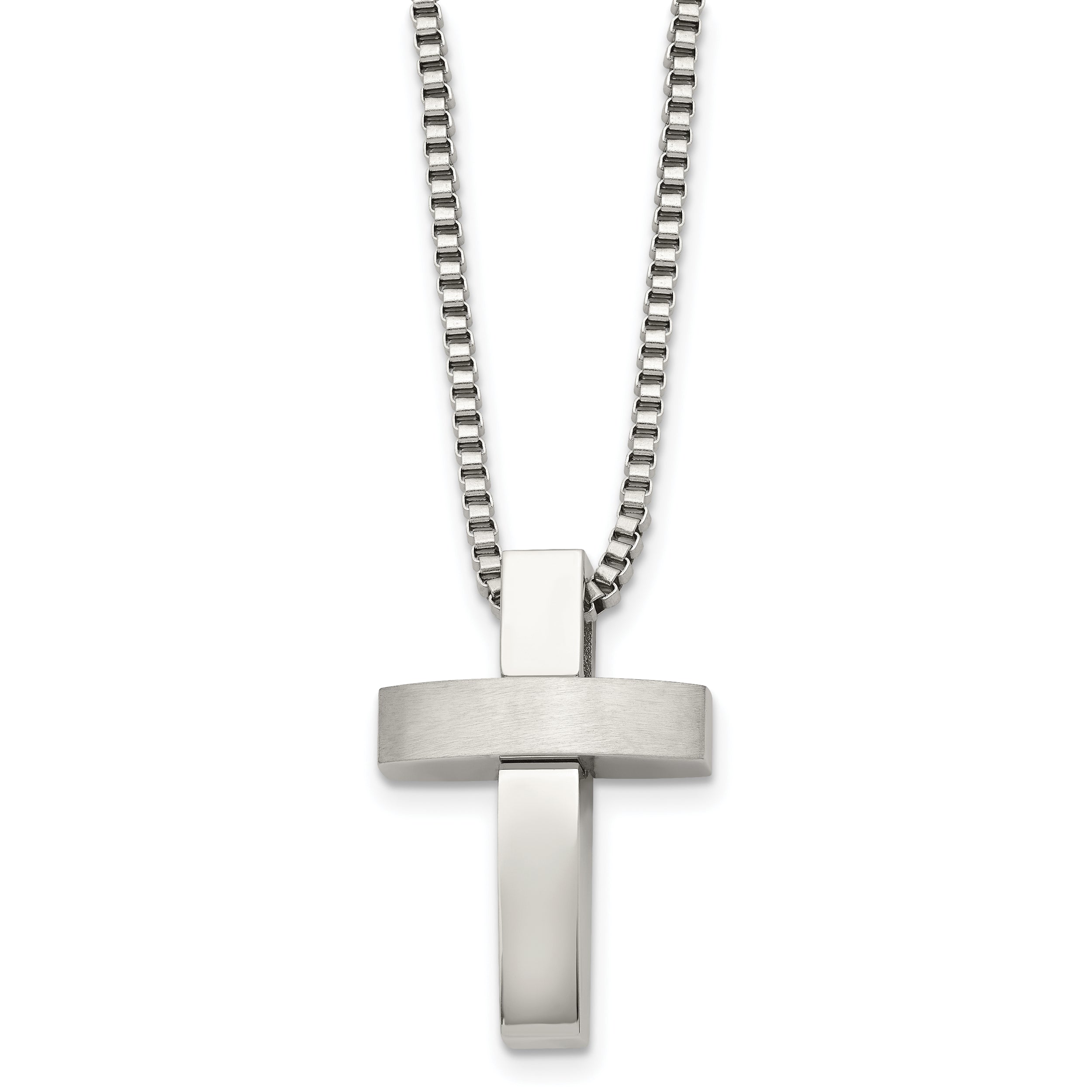 Chisel Stainless Steel Brushed and Polished Cross Pendant on a 22 inch Box Chain Necklace