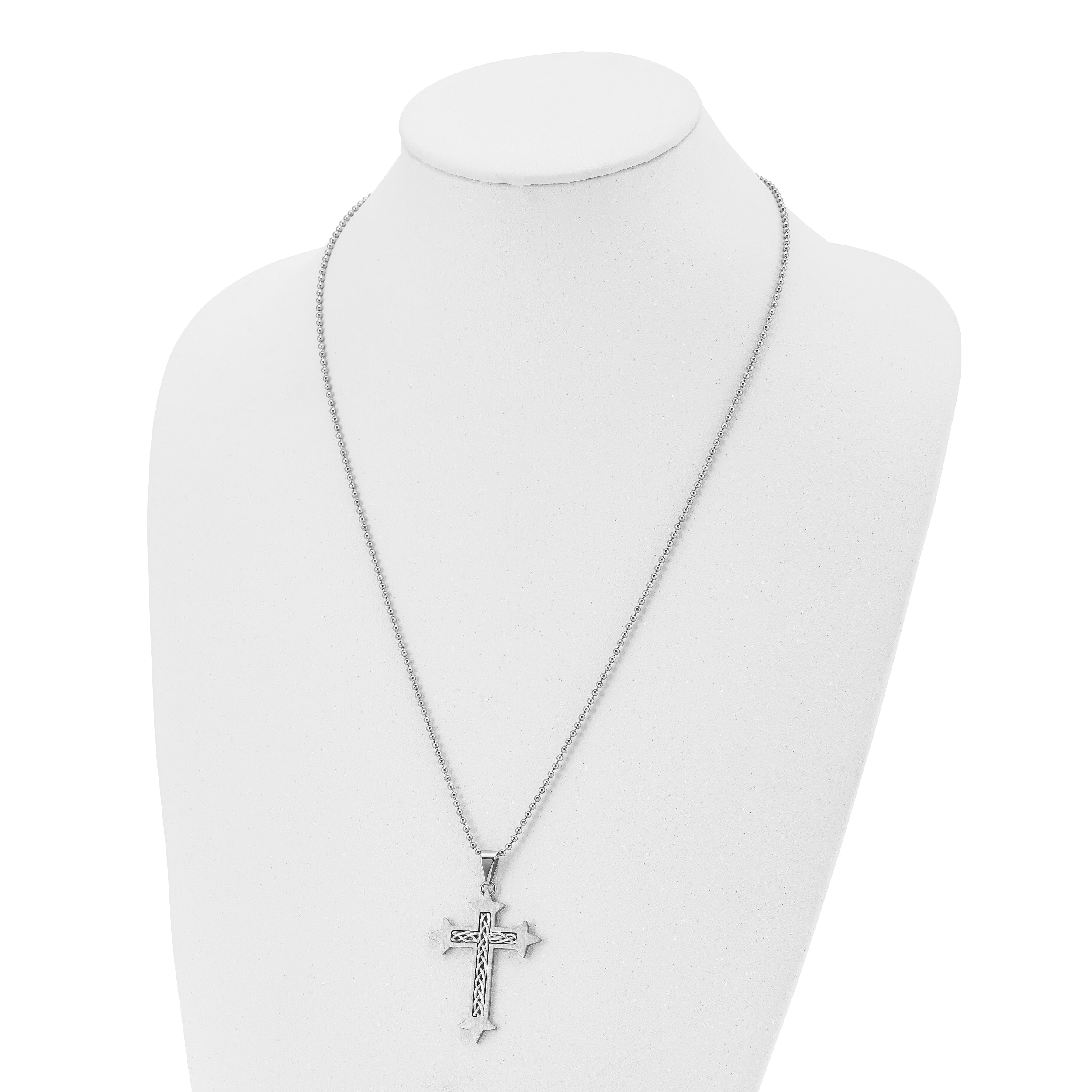 Chisel Stainless Steel Brushed with Braided Sterling Silver Inlay Cross Pendant on a 24 inch Ball Chain Necklace