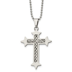 Chisel Stainless Steel Brushed with Braided Sterling Silver Inlay Cross Pendant on a 24 inch Ball Chain Necklace