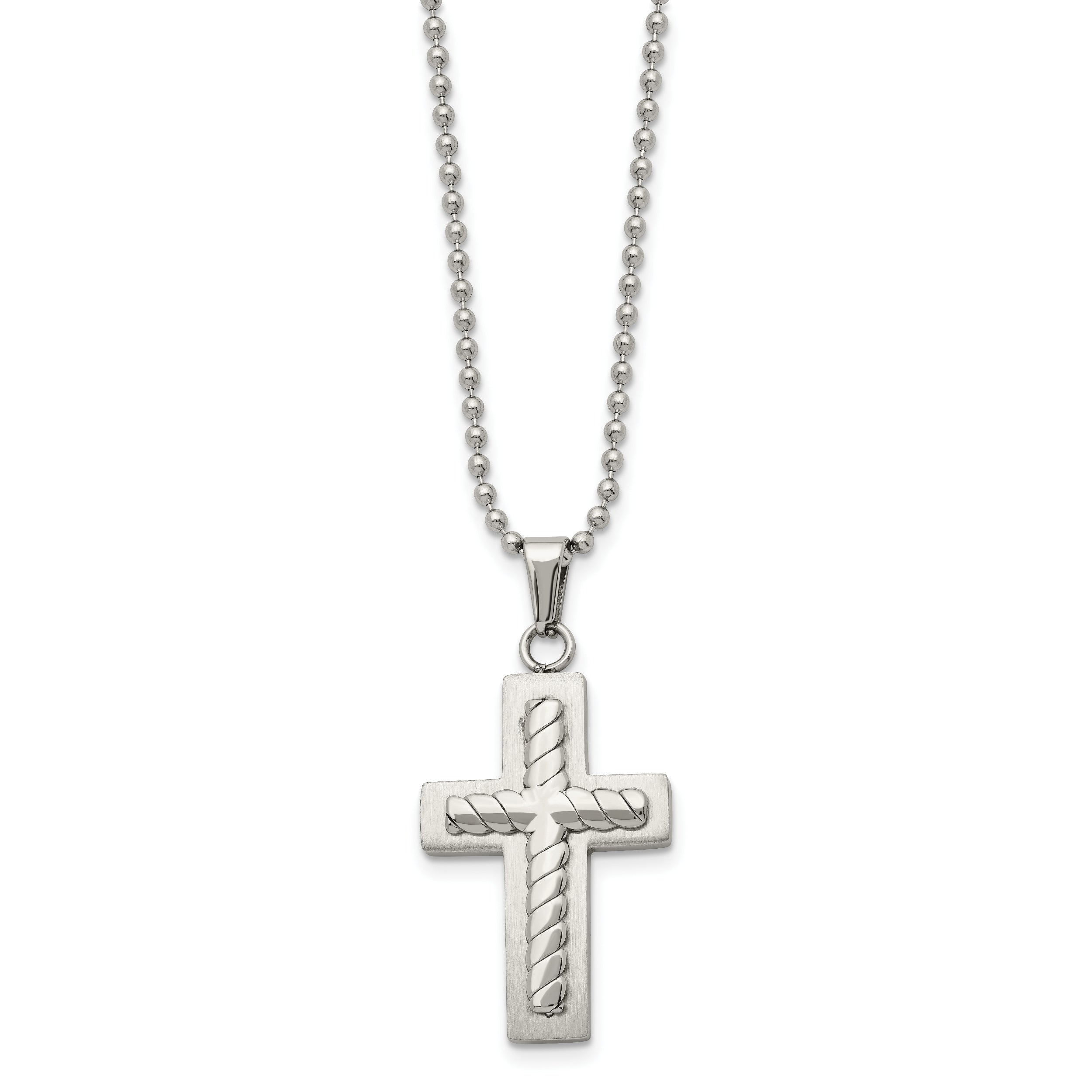 Chisel Stainless Steel Brushed and Polished Cross Pendant on a 24 inch Ball Chain Necklace