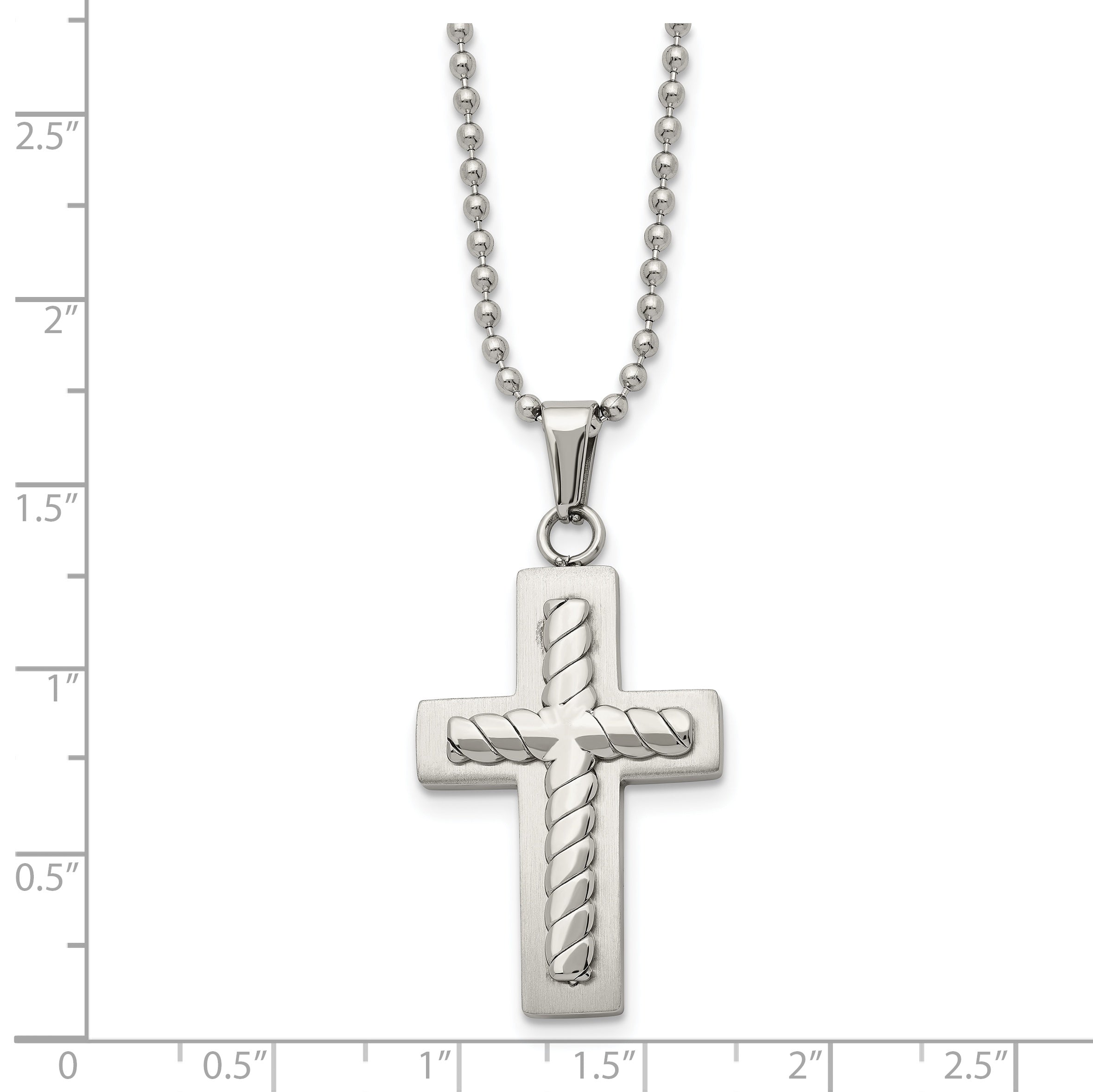 Chisel Stainless Steel Brushed and Polished Cross Pendant on a 24 inch Ball Chain Necklace