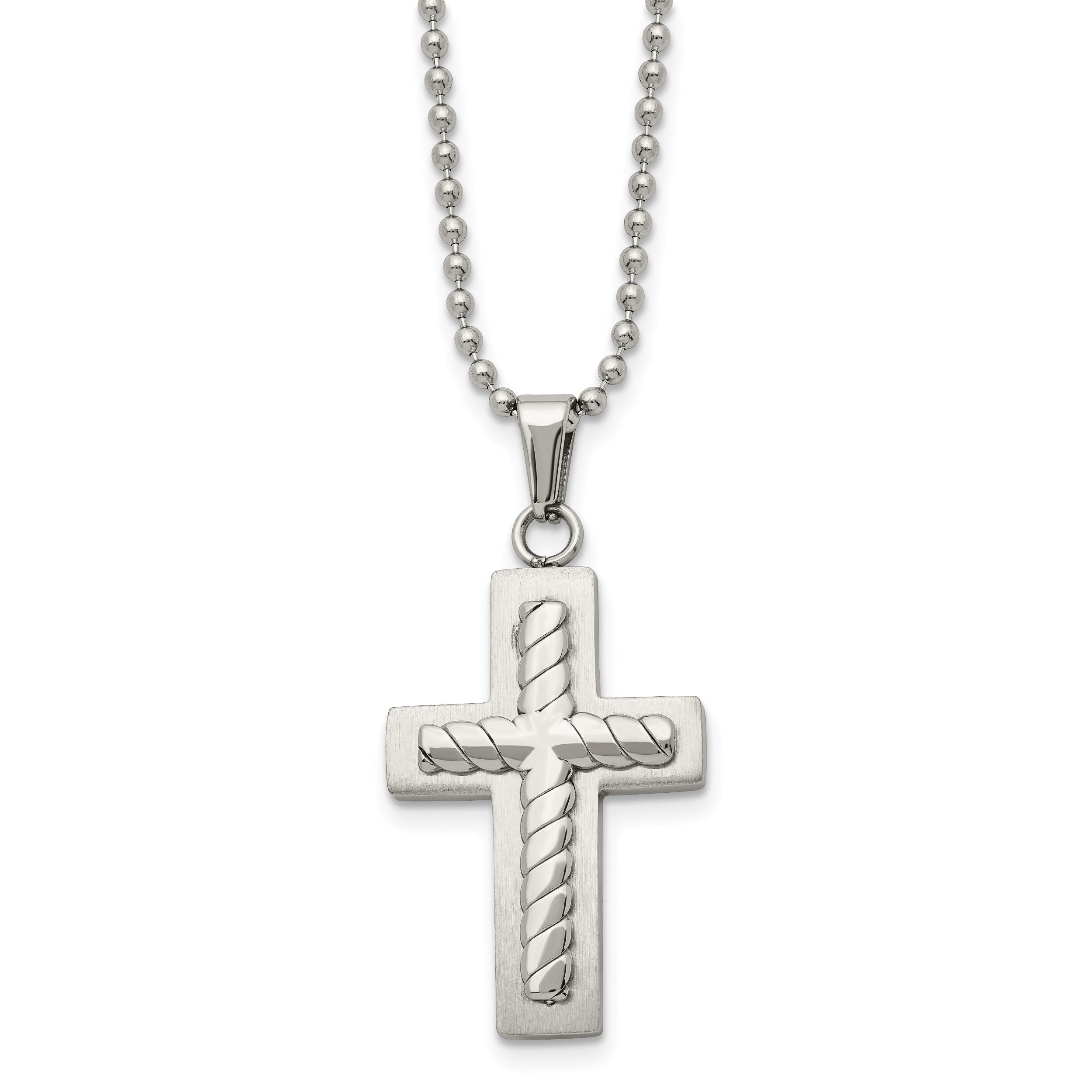 Chisel Stainless Steel Brushed and Polished Cross Pendant on a 24 inch Ball Chain Necklace