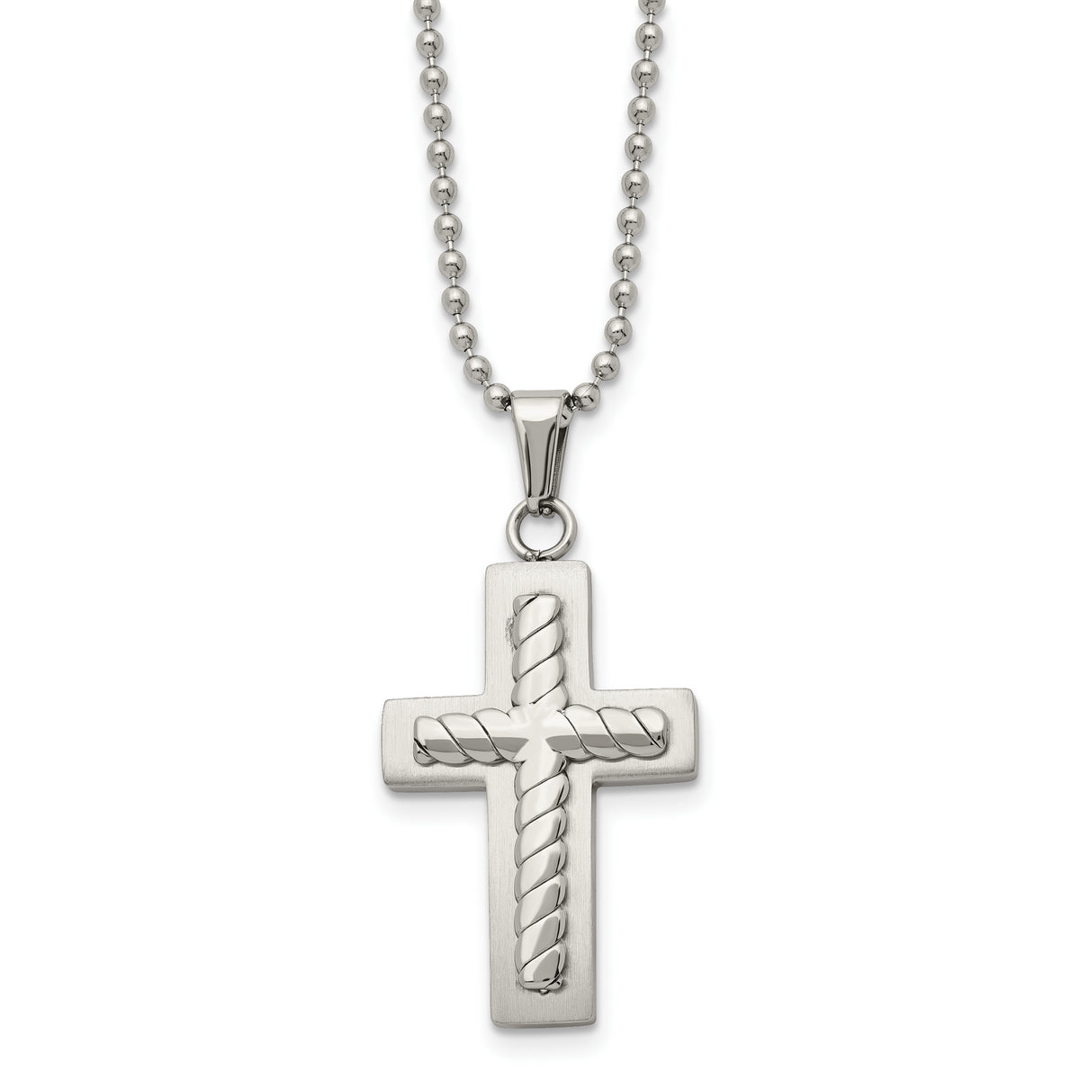 Chisel Stainless Steel Brushed and Polished Cross Pendant on a 24 inch Ball Chain Necklace