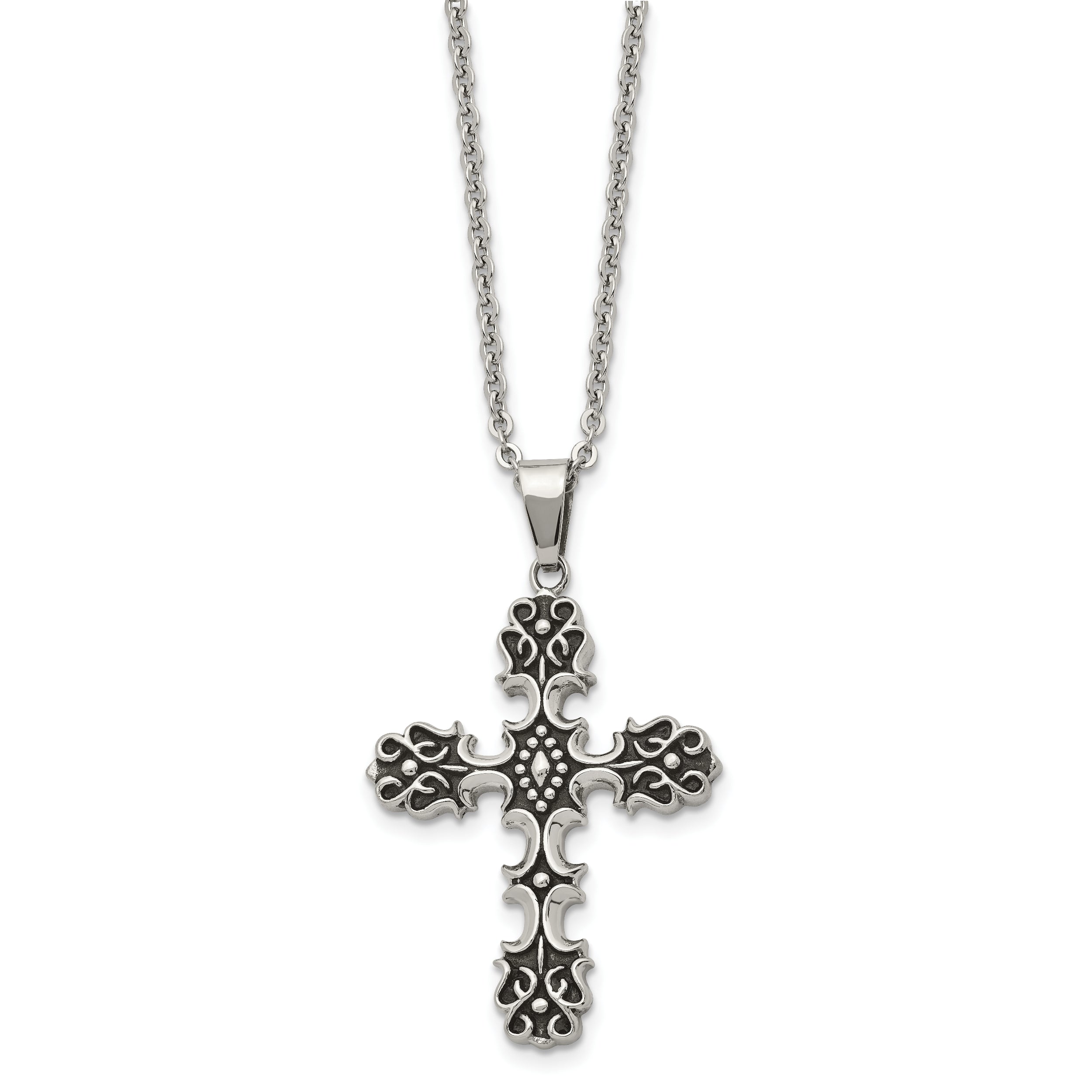 Chisel Stainless Steel Antiqued Polished and Textured Cross Pendant on a 22 inch Cable Chain Necklace