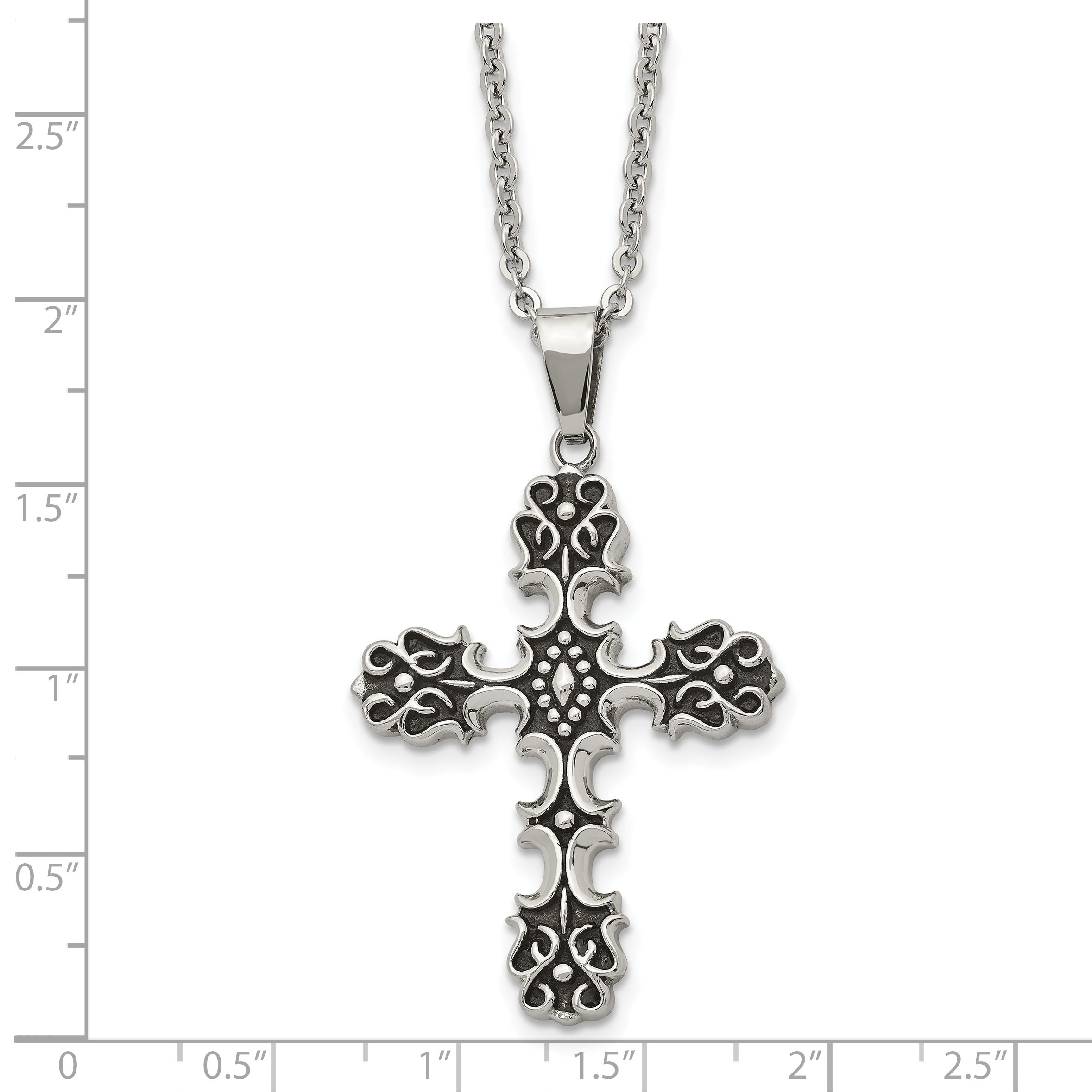 Chisel Stainless Steel Antiqued Polished and Textured Cross Pendant on a 22 inch Cable Chain Necklace