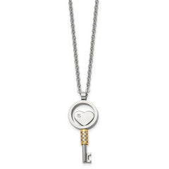 Chisel Stainless Steel Polished Yellow IP-plated with CZ Heart Key Pendant on a 22 inch Cable Chain Necklace