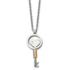 Chisel Stainless Steel Polished Yellow IP-plated with CZ Heart Key Pendant on a 22 inch Cable Chain Necklace