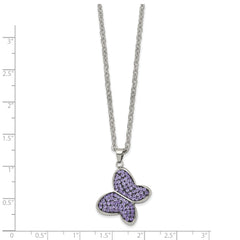 Chisel Stainless Steel Polished Purple Crystal Butterfly Pendant on a 22 inch Cable Chain Necklace