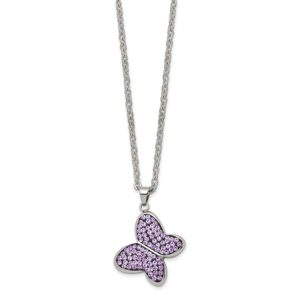 Chisel Stainless Steel Polished Purple Crystal Butterfly Pendant on a 22 inch Cable Chain Necklace