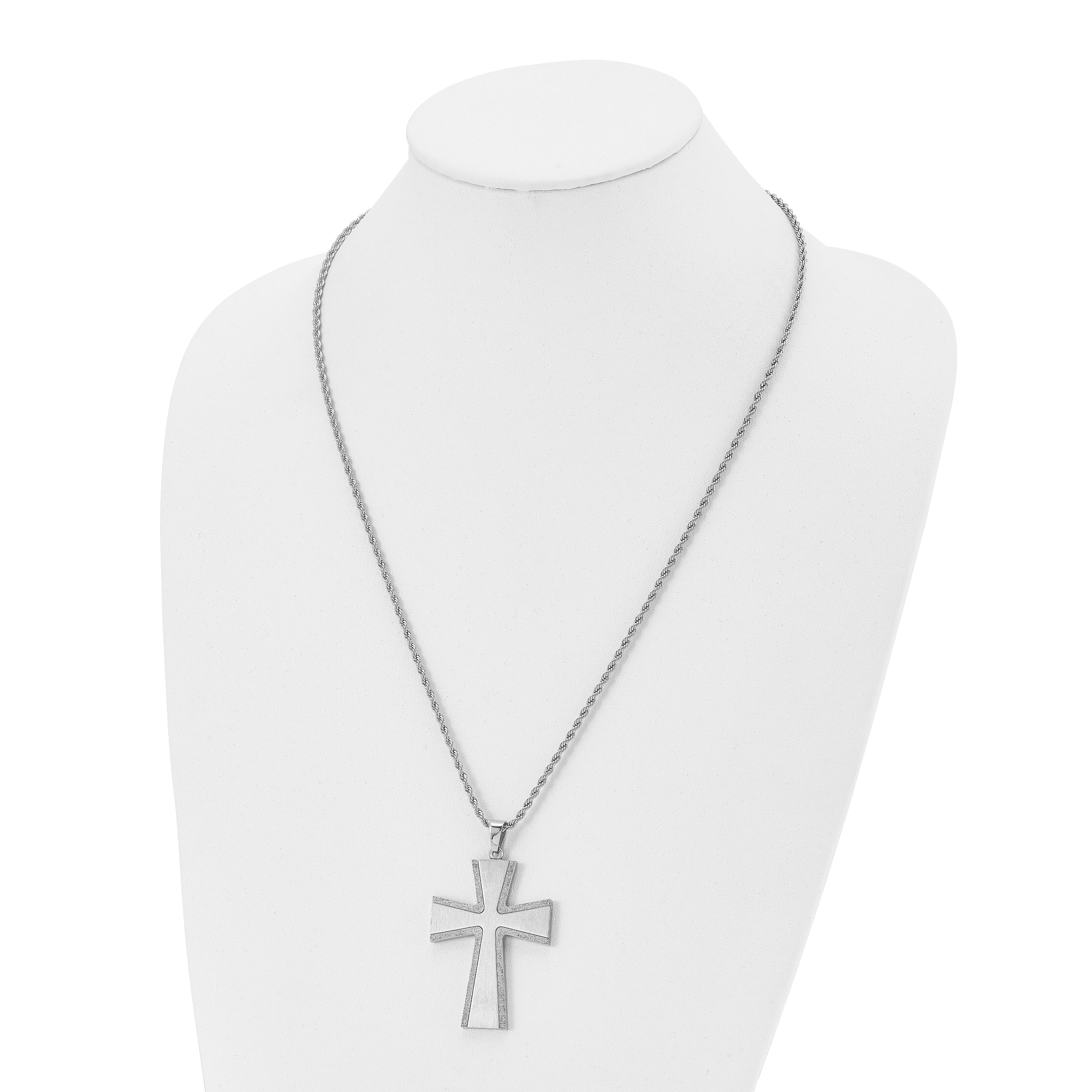 Chisel Stainless Steel Brushed with Laser-cut Edges Cross Pendant on a 24 inch Rope Chain Necklace