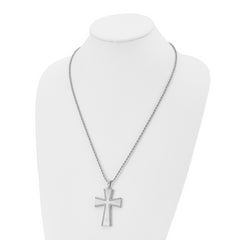 Chisel Stainless Steel Brushed with Laser-cut Edges Cross Pendant on a 24 inch Rope Chain Necklace