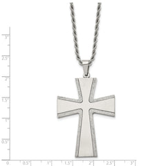 Chisel Stainless Steel Brushed with Laser-cut Edges Cross Pendant on a 24 inch Rope Chain Necklace