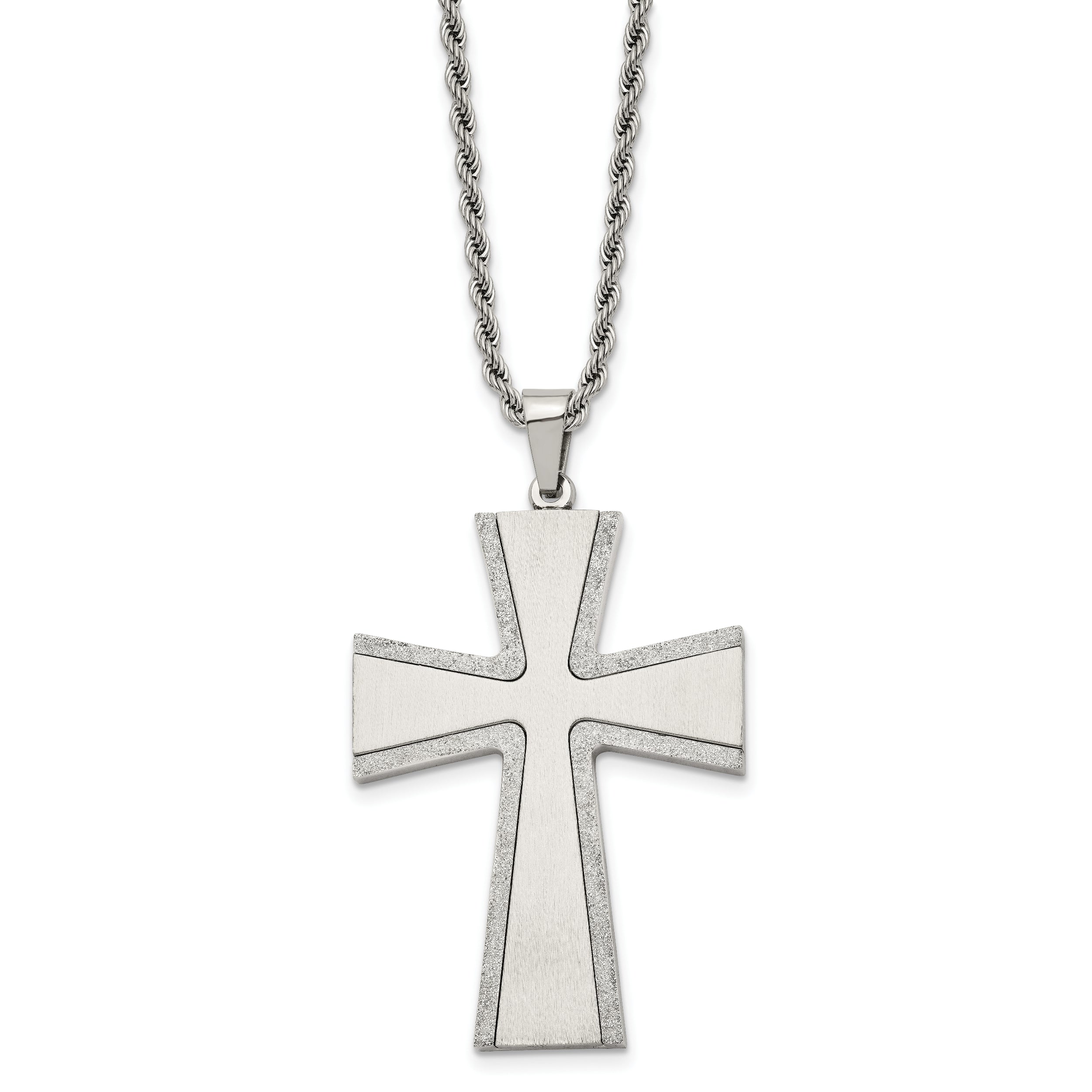 Chisel Stainless Steel Brushed with Laser-cut Edges Cross Pendant on a 24 inch Rope Chain Necklace