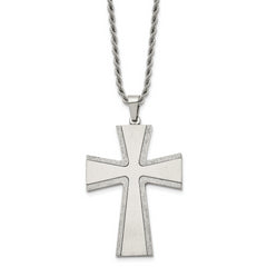 Chisel Stainless Steel Brushed with Laser-cut Edges Cross Pendant on a 24 inch Rope Chain Necklace