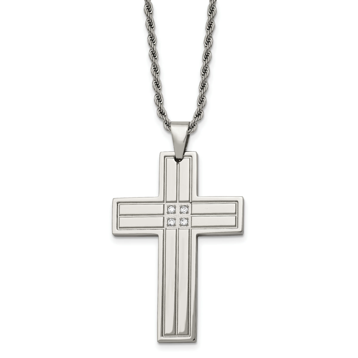 Chisel Stainless Steel Polished with CZ Grooved Cross Pendant on a 24 inch Rope Chain Necklace