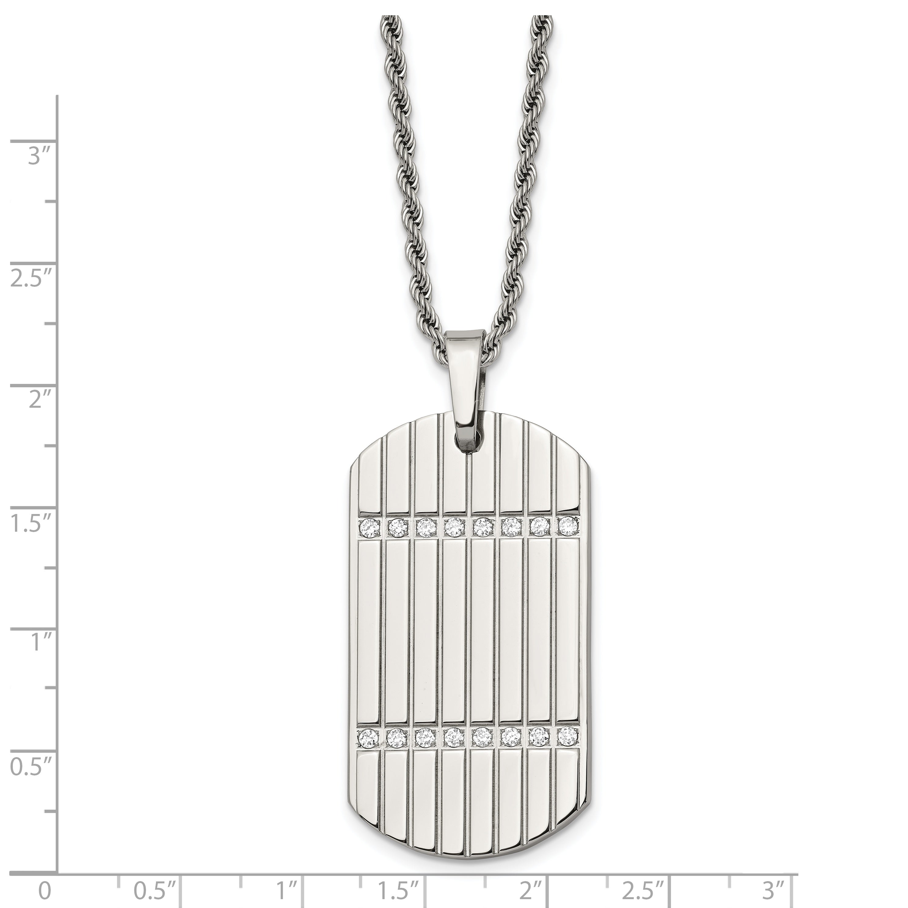 Stainless Steel 24in Polished & Textured w/CZs Dog Tag Necklace