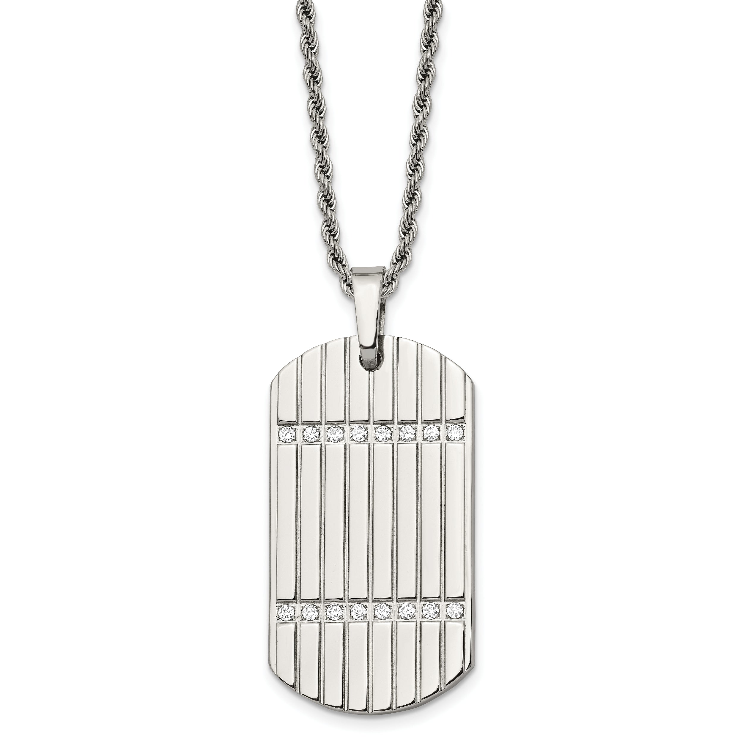 Stainless Steel 24in Polished & Textured w/CZs Dog Tag Necklace