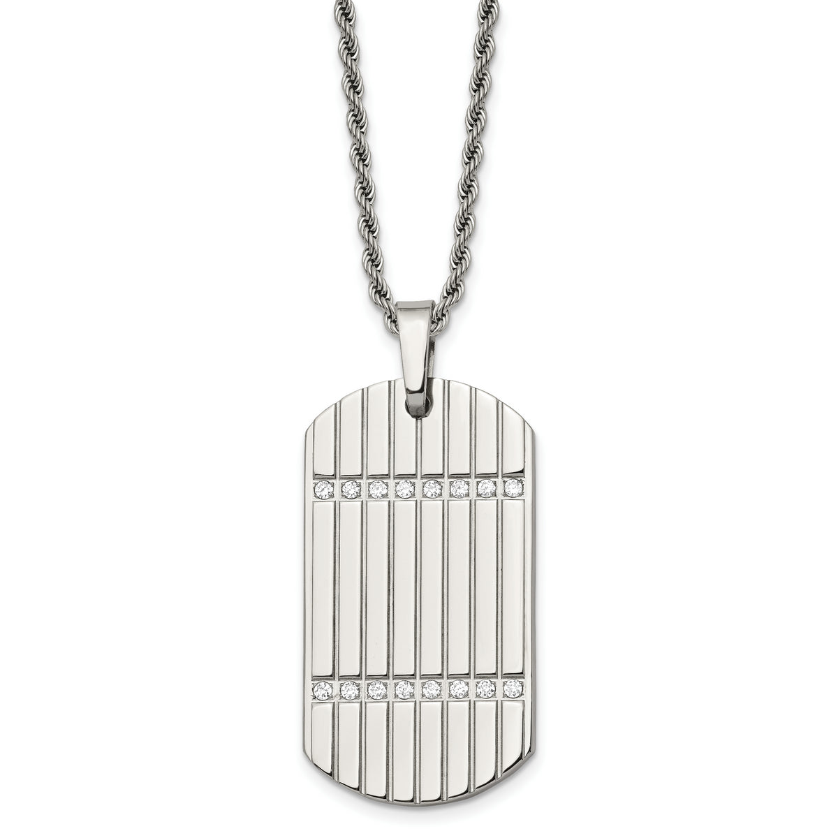 Stainless Steel 24in Polished & Textured w/CZs Dog Tag Necklace