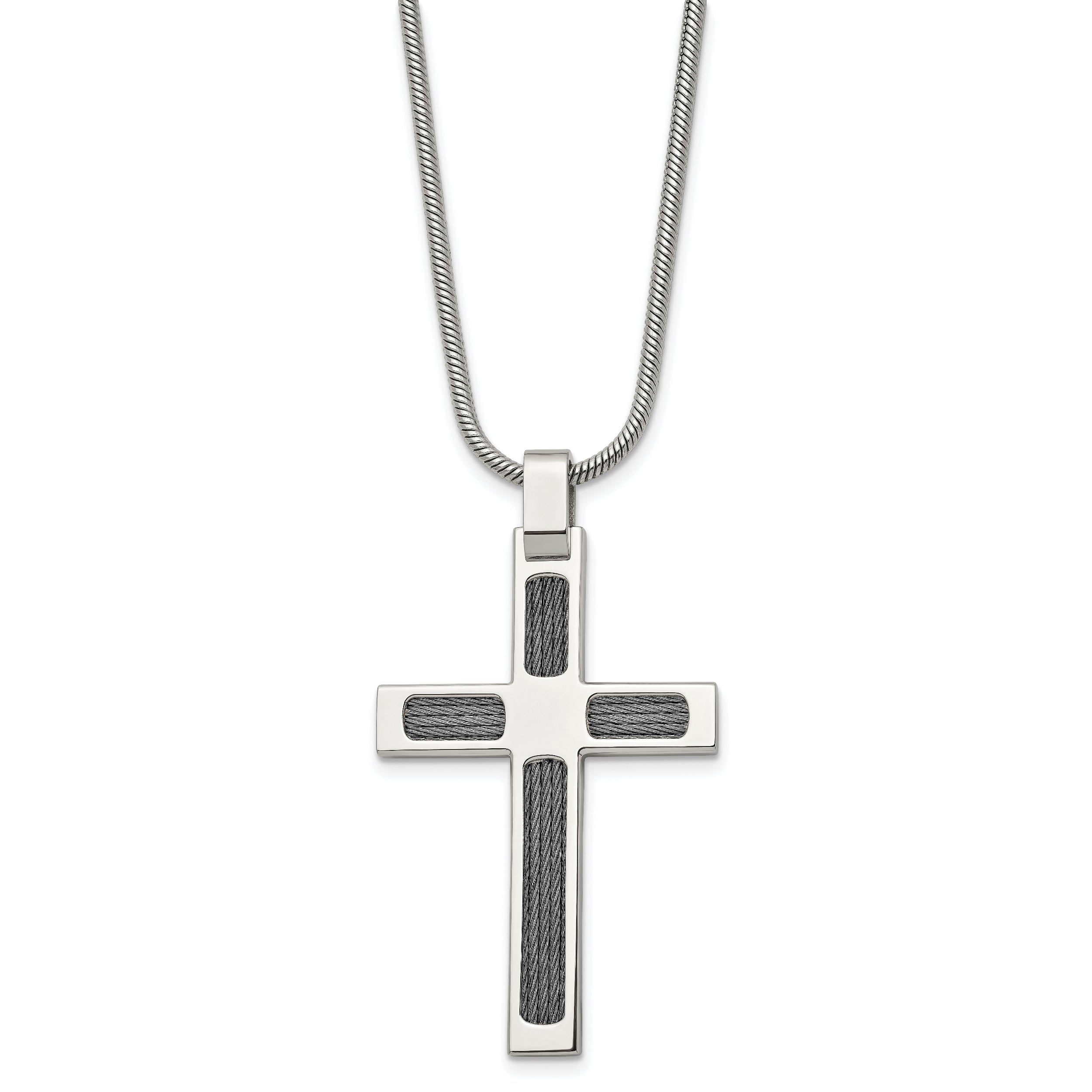 Chisel Stainless Steel Brushed and Polished with Cable Cross Pendant on a 24 inch Snake Chain Necklace