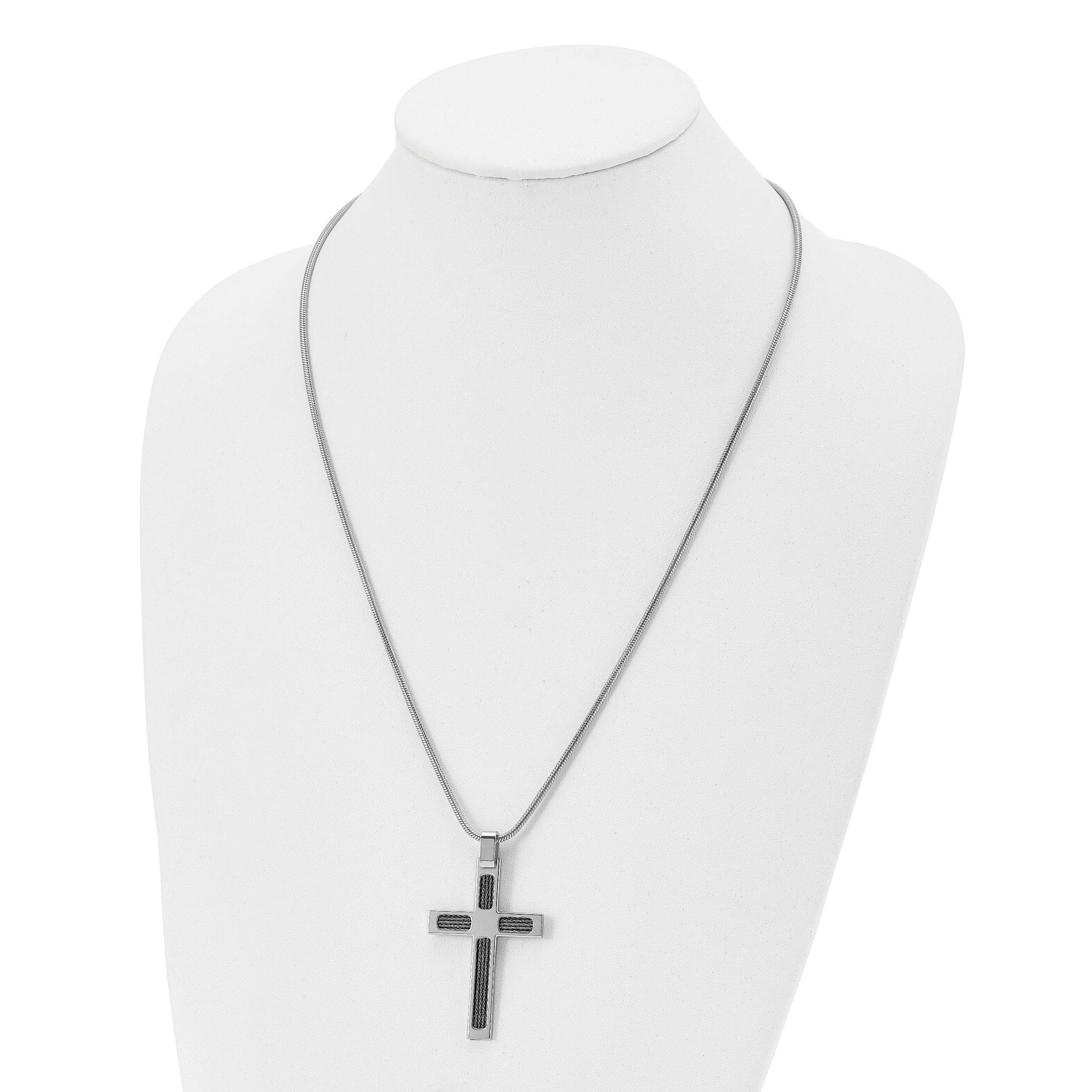 Chisel Stainless Steel Brushed and Polished with Cable Cross Pendant on a 24 inch Snake Chain Necklace