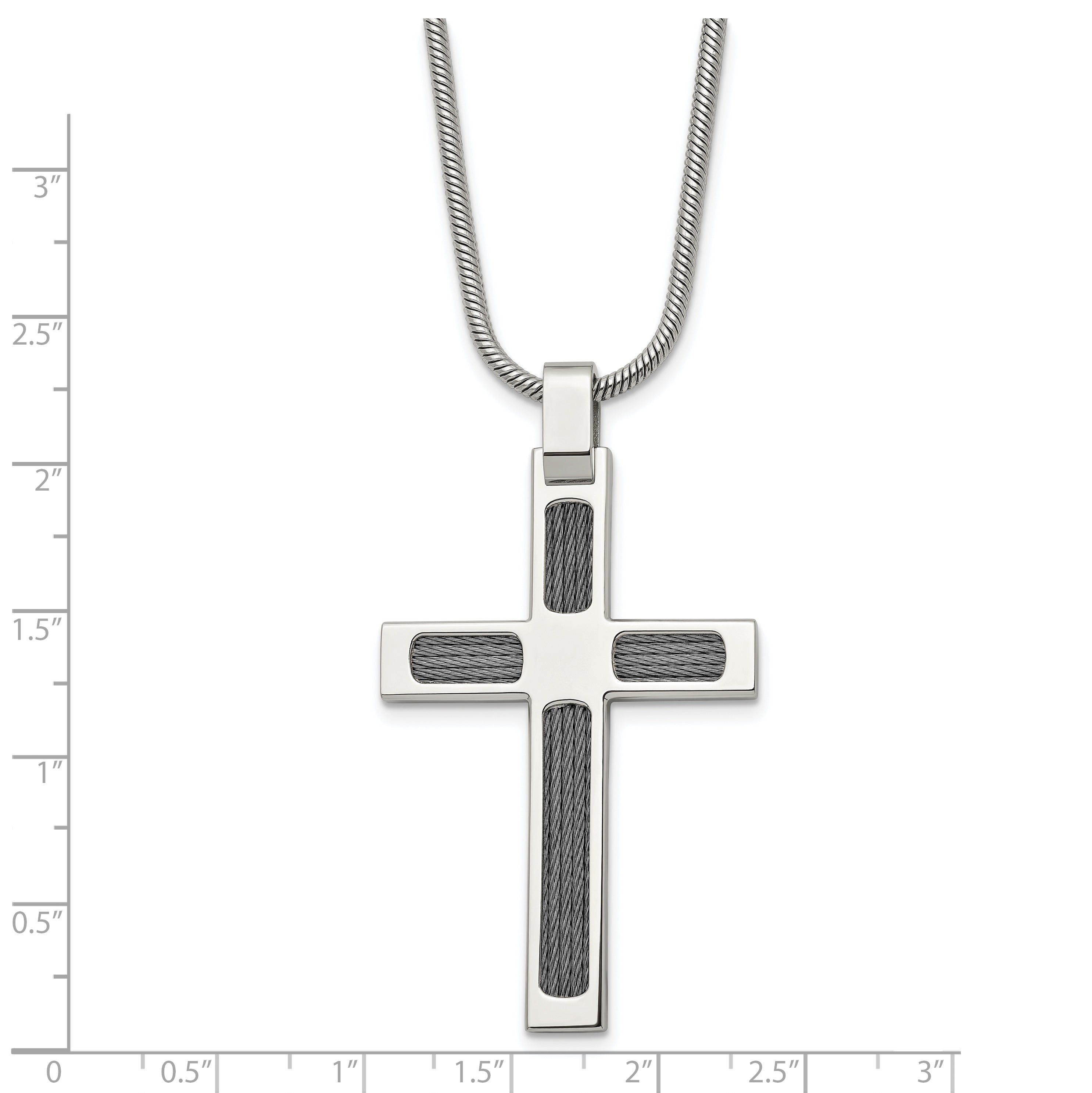 Chisel Stainless Steel Brushed and Polished with Cable Cross Pendant on a 24 inch Snake Chain Necklace