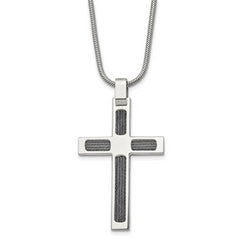 Chisel Stainless Steel Brushed and Polished with Cable Cross Pendant on a 24 inch Snake Chain Necklace