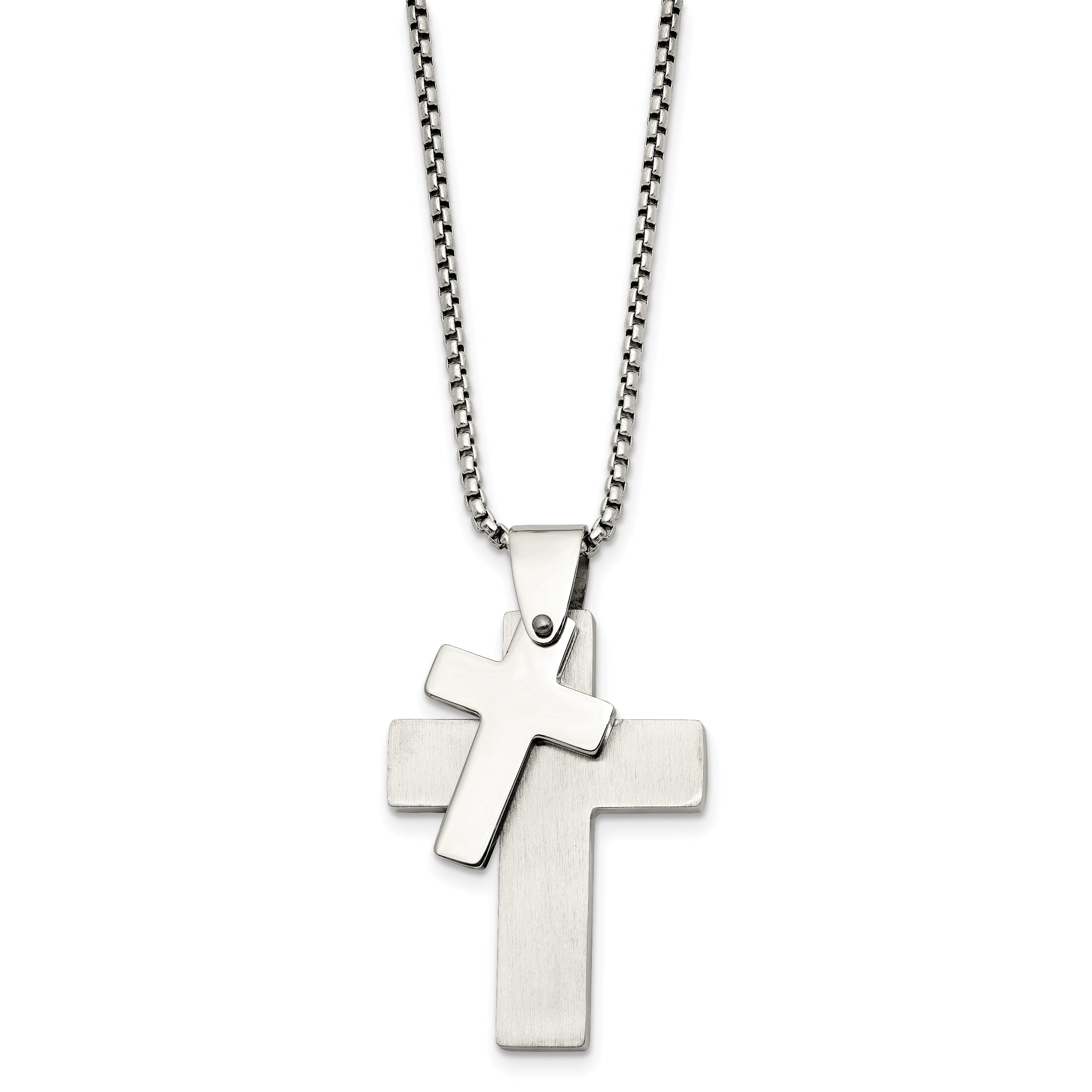 Chisel Stainless Steel Brushed and Polished Double Cross Pendant on a 24 inch Box Chain Necklace