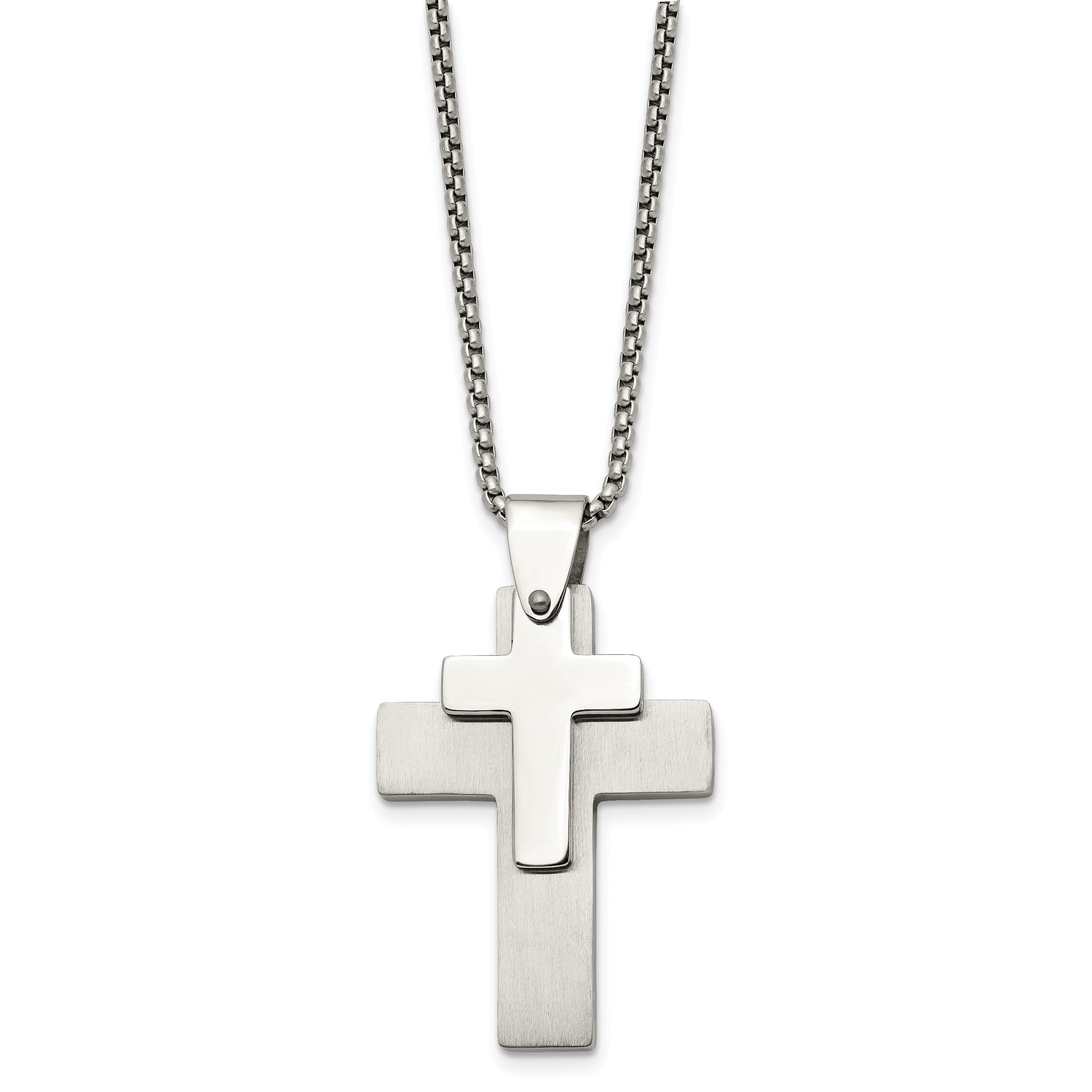 Chisel Stainless Steel Brushed and Polished Double Cross Pendant on a 24 inch Box Chain Necklace